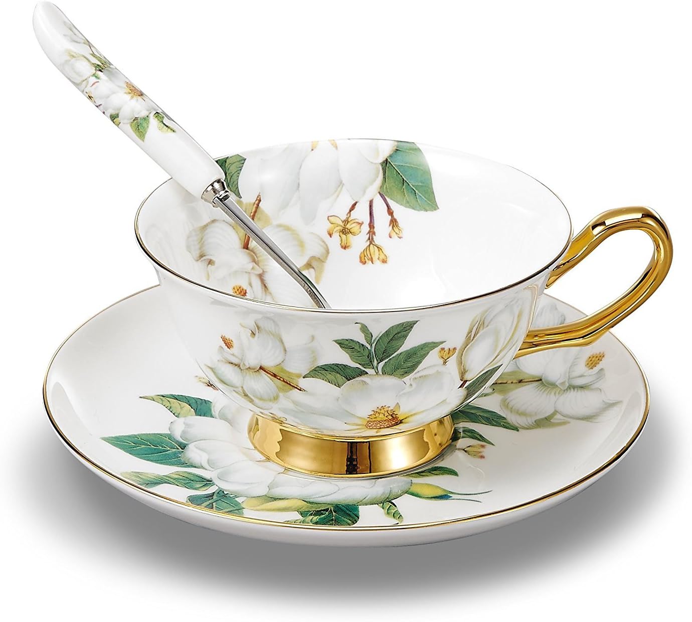 Bone China Ceramic Tea Cup with Saucer and Spoon Coffee Cup Afternoon Tea Cup Camellia,White and Green
