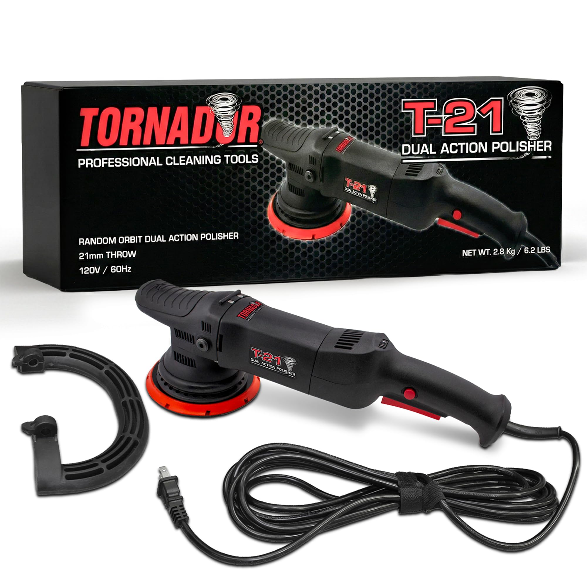 Tornador T-21 Dual Action Polisher | 21mm Random Orbit | 6 Speed Dial | 500–1200W Input Power | 6" Hook & Loop Backing Plate | 15ft Cord with Cord Keeper | Professional Automotive Paint Finishing