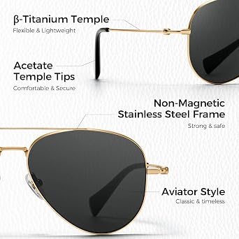 SUNGAIT Real Glass Lens Sunglasses Titanium Leg Nonmagnetic Stainless Steel Frame Classic Aviator Style UV Protection