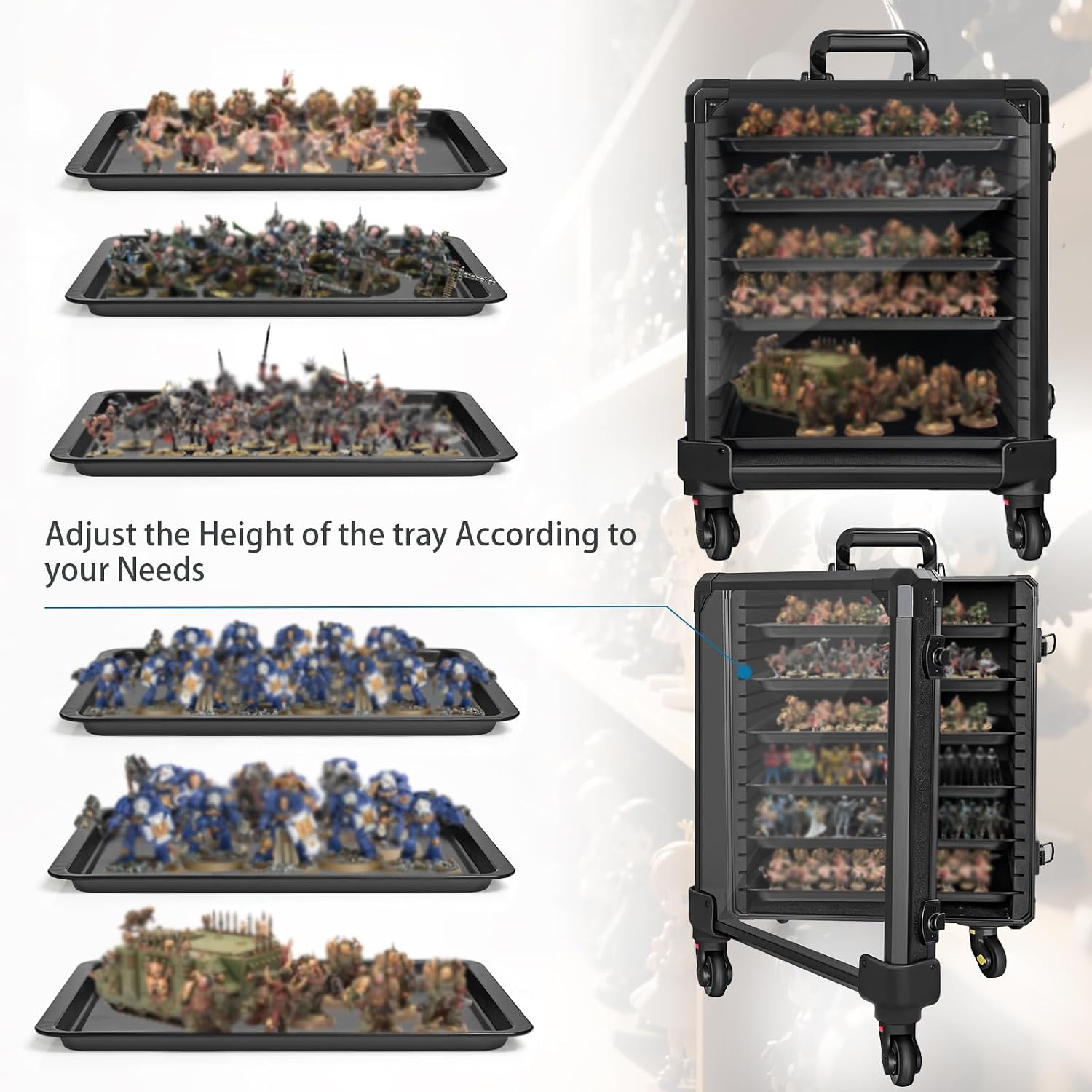 Miniatures Storage Case Miniatures Transport Case Aluminum Alloy Frame Display Case with Lock and Trolley (Large Size)