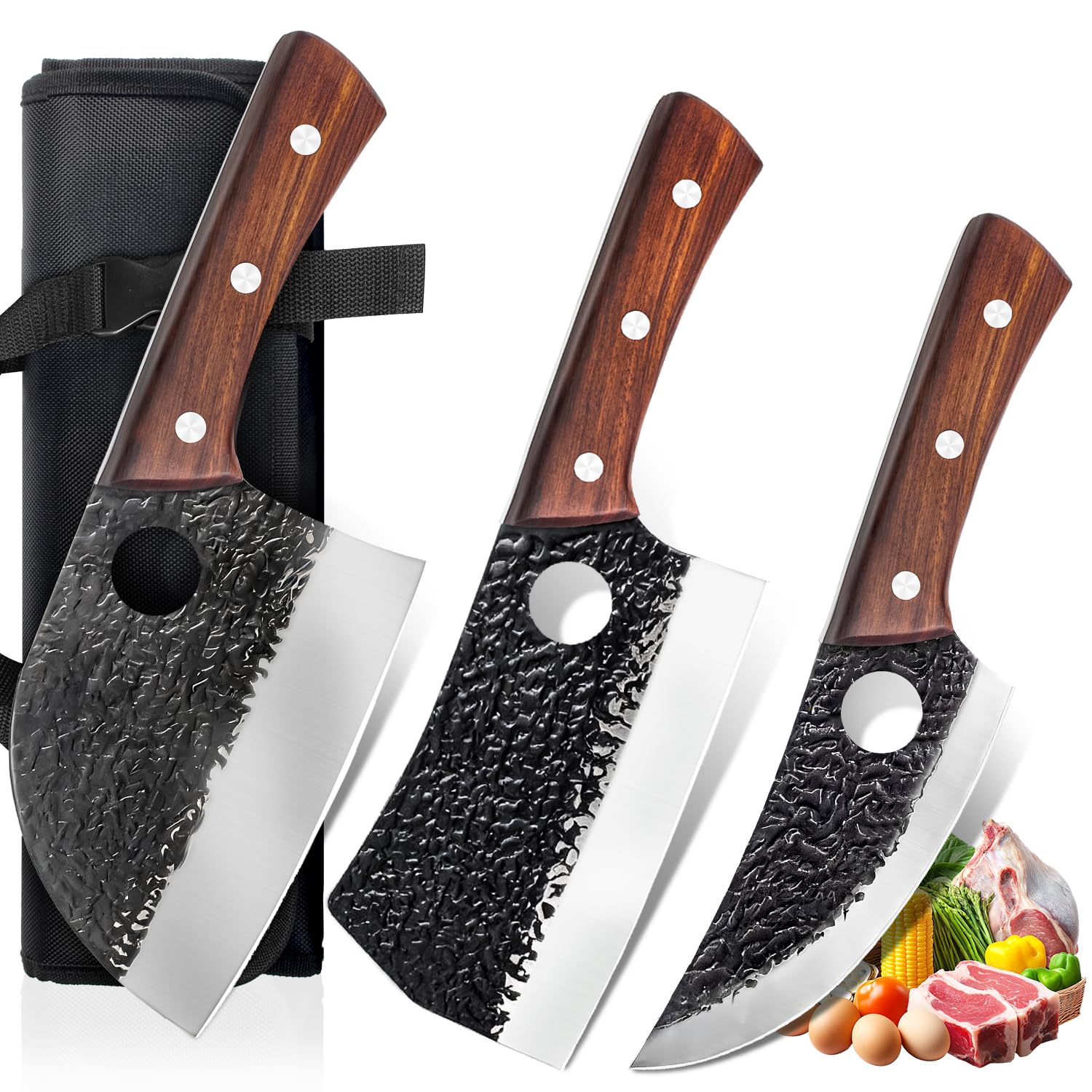 MOSFiATA Set 3 Coltelli da Macellaio, Insieme di Coltelli Serbi in Acciaio ad Alto Tenore di Carbonio per Carne, Dotato di Pratica Borsa Porta Utensili Portatile, Regalo Perfetto per Ogni Occasione