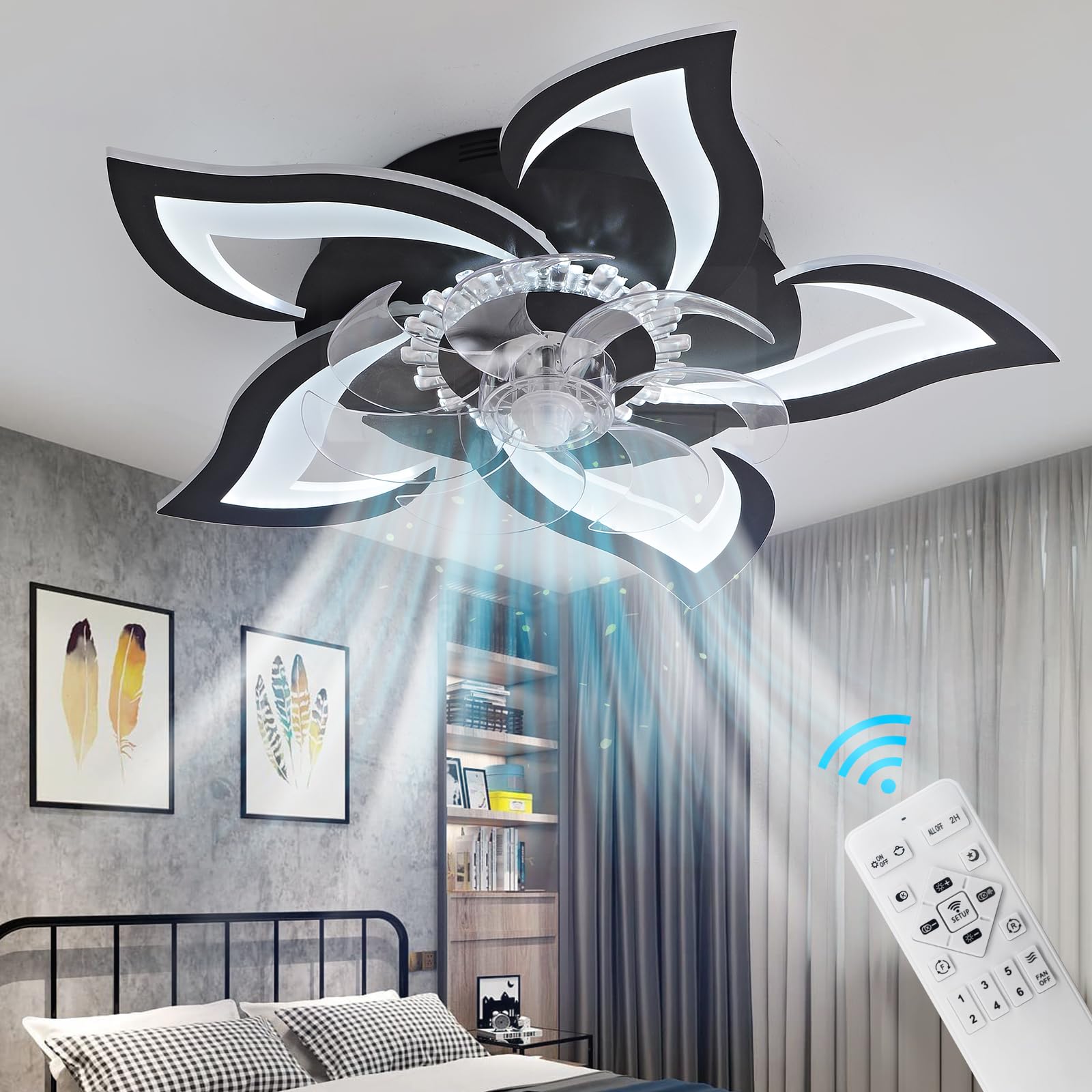 Jesskit 27" Black Ceiling Fan Lights with Remote,Flower Ceiling Fans,3 Color Dimmable and 6 Speeds Remote Control,Modern Low Profile Flush Mount Ceiling Fan for Living Room Bedroom Dining Room