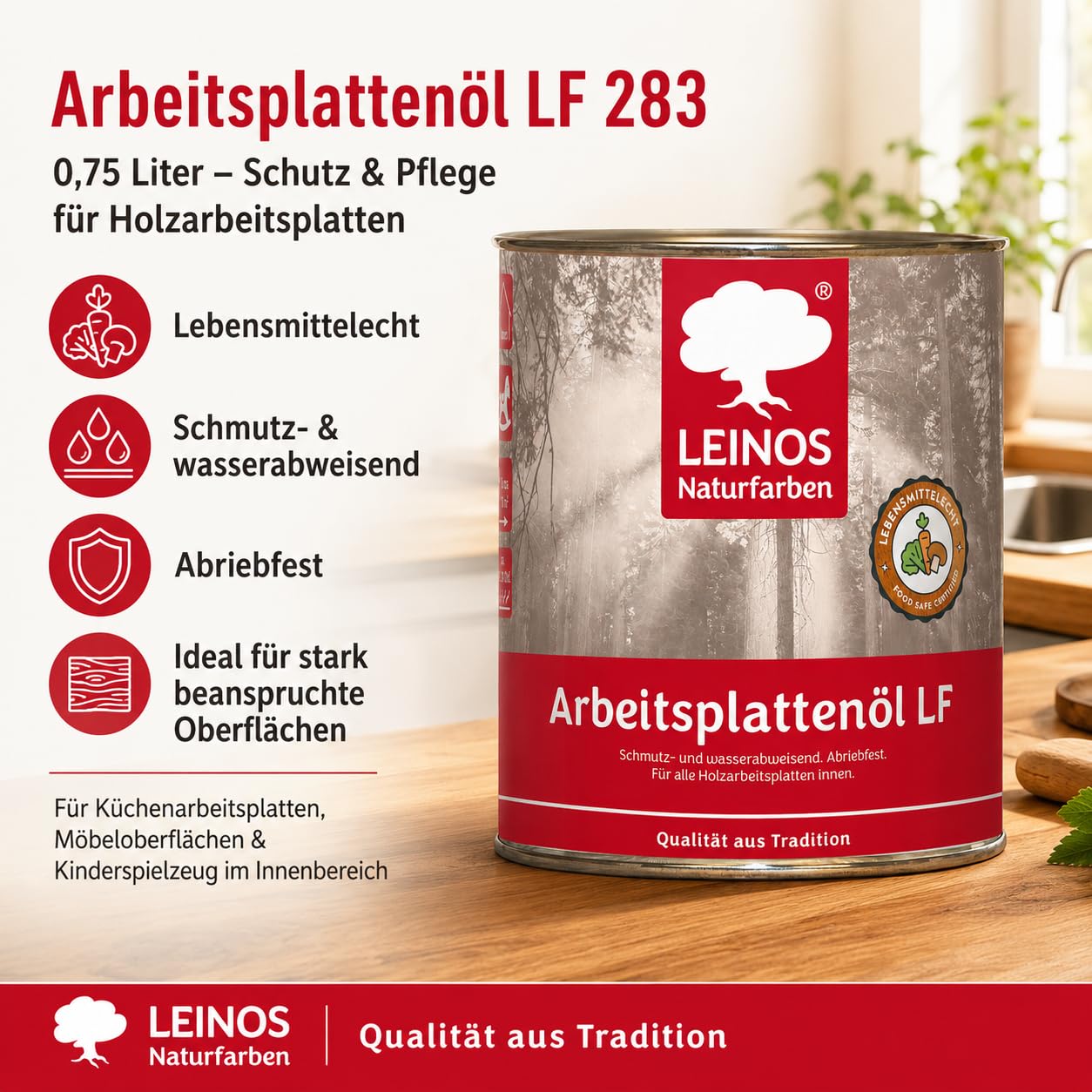 LEINOS Arbeitsplattenöl LF 283 | Holzöl innen Möbel & Bau | 0,75 Liter