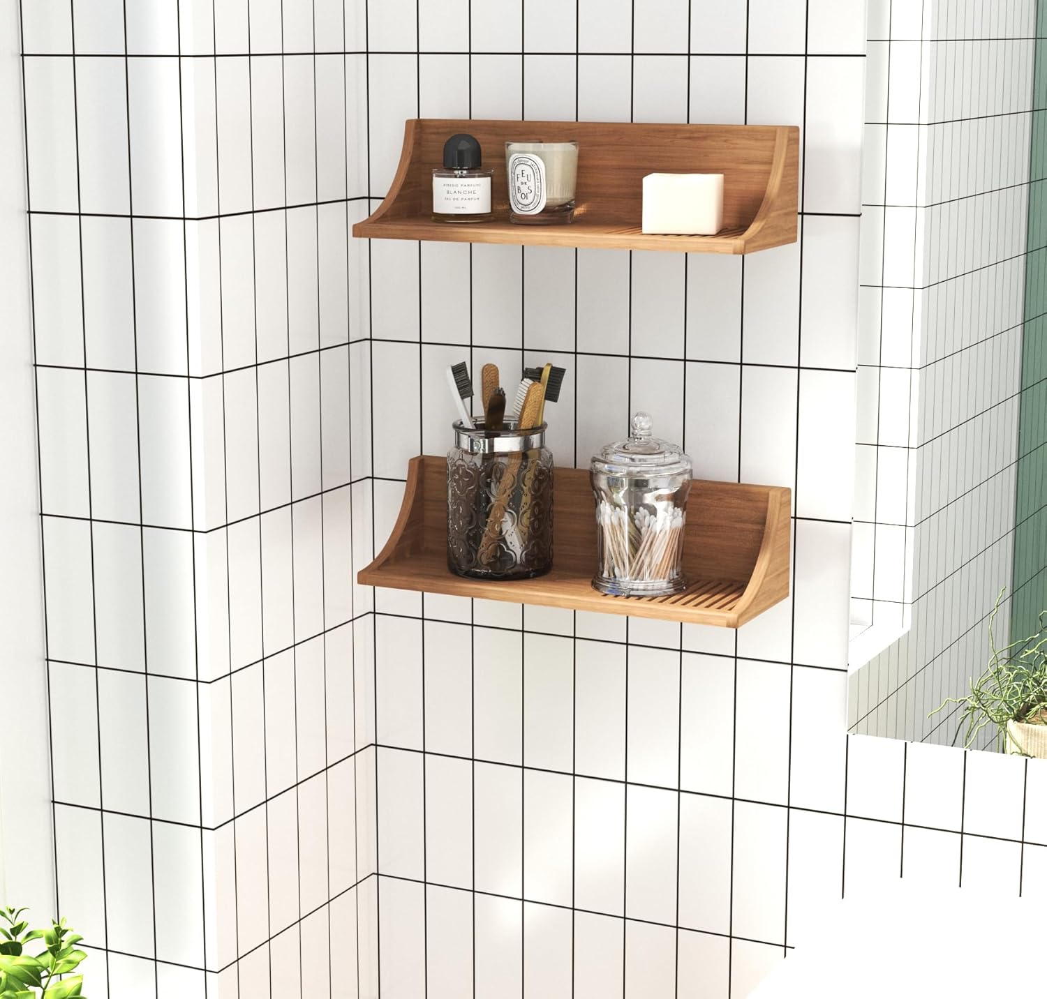 Teak Wood Suction Mount Shower Shelf with Razor Port