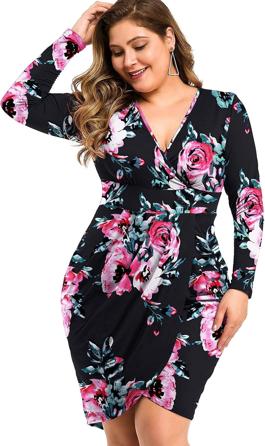 LAOLASI Womens Plus Size Long Sleeves & Sleeveless Deep V Neck Bodycon Wrap Dress with Front Slit : Clothing, Shoes & Jewelry