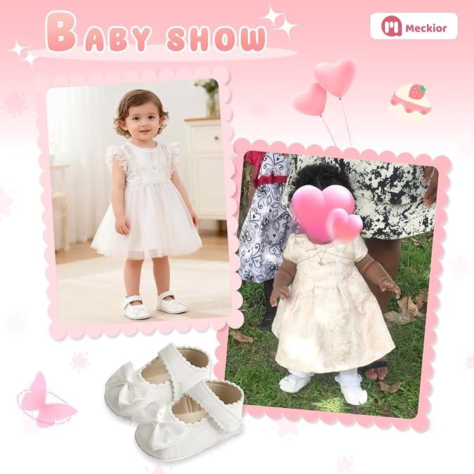 Meckior Infant Baby Girls Soft Sole Bowknot Princess Wedding Dress Mary Jane Flats Prewalker Newborn Light Baby Sneaker Shoes