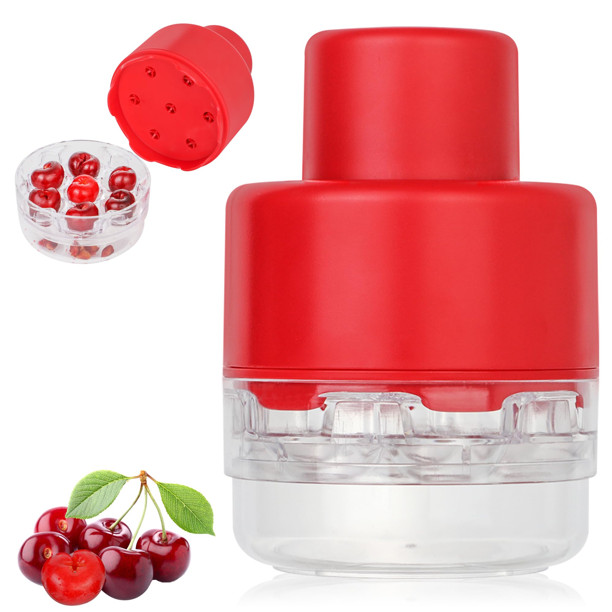 Zorgons Cherry Pitter, Multi-Function Cherry Pitter Remover Tool, Cherry Seed Remover with 7 Individual Holes, Durable Cherry Stoner Fruit Pit Corer Deseeder Kitchen Tool, Press Type, Red, WPUS-012