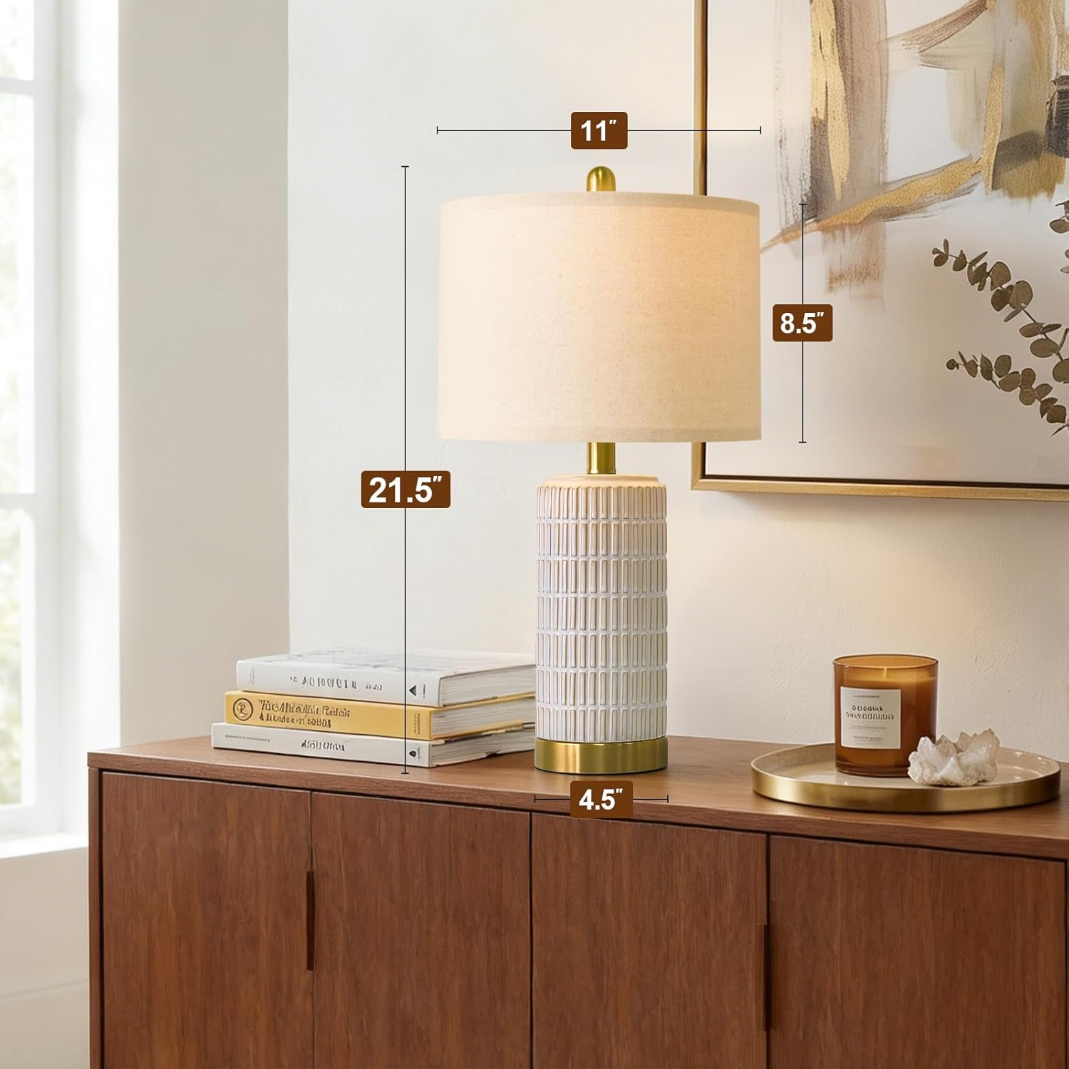 PoKat Small Bedside Table Lamps Set of 2 for Bedroom Living Room, 21.5'' Modern Ceramic Nightstand Lamps with Gold Base, Farmhouse Table Lamps for Office End Side Table Console, White and Beige