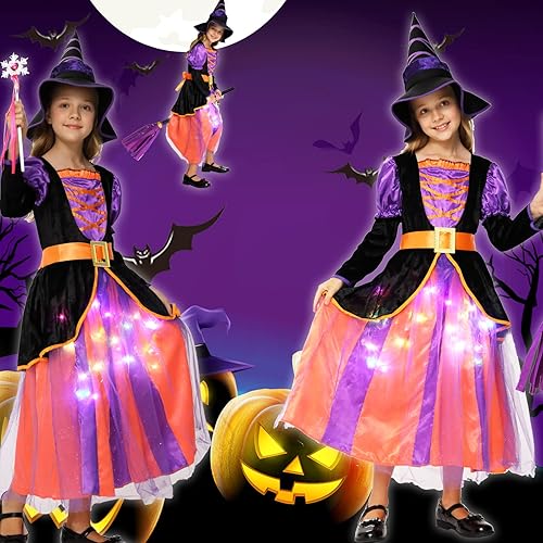 Miniatura 4 de Twister.CK Disfraz de bruja iluminado de Halloween para niñas, bruja de Halloween para fiesta con falda iluminada, sombrero y escoba