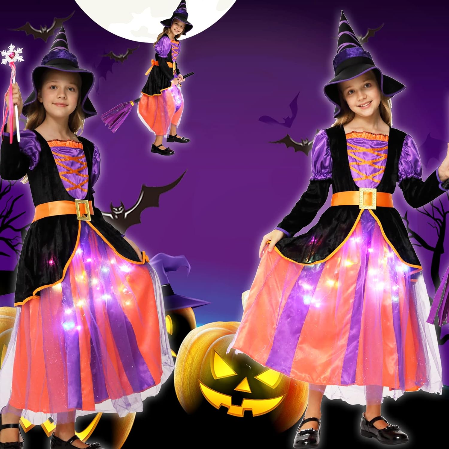 Miniatura 4 de TwisterCK Disfraz de bruja iluminado de Halloween para niñas bruja de Halloween para fiesta con falda iluminada sombrero y escoba