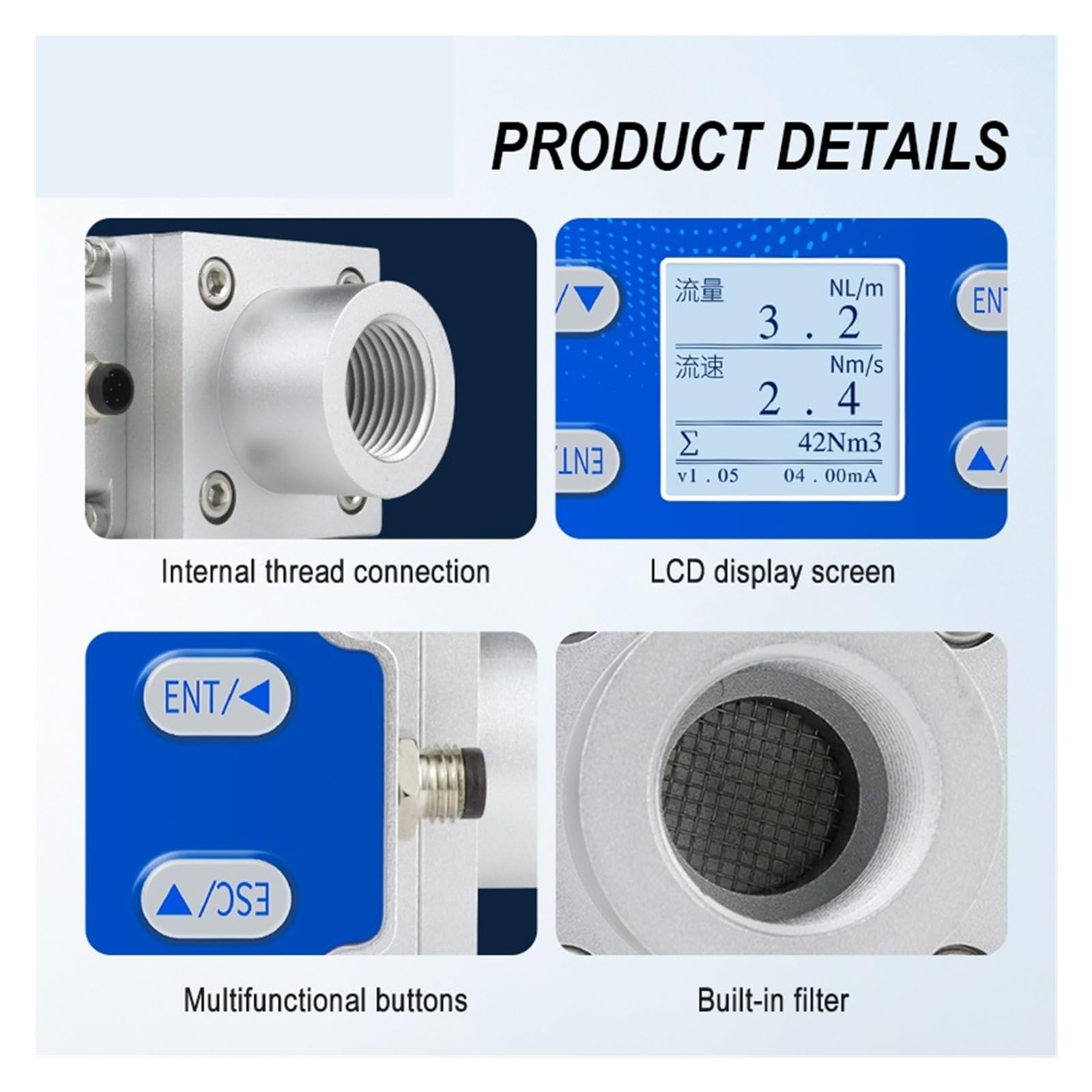 Medidor de caudal másico de Gas térmico, Sensor de caudal Inteligente portátil for tuberías(DN15)