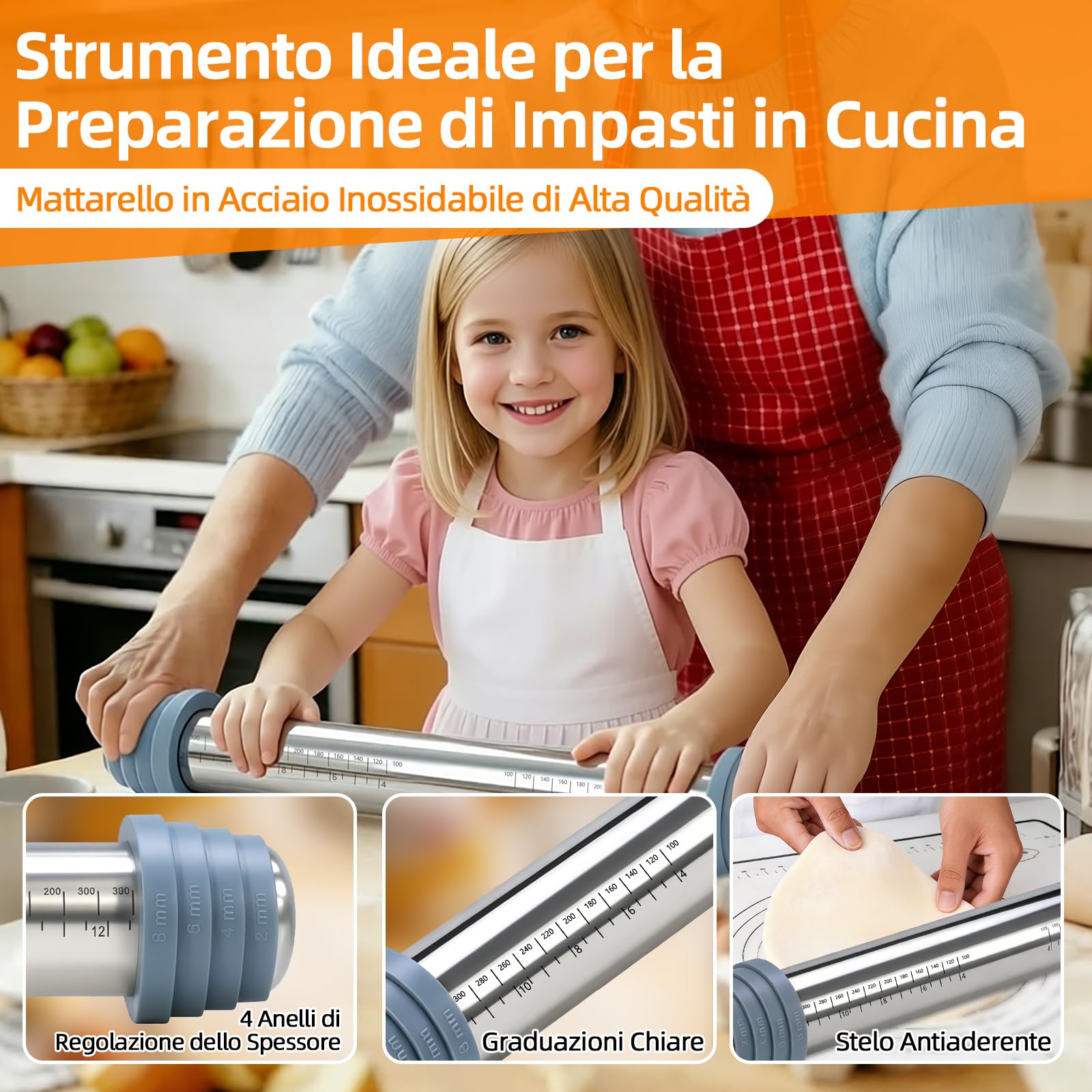 Mattarello con Spessori Anelli Rimovibili in 4 Misure - Mattarello Acciaio Inox, Antiaderente 42 cm con Spianatoia per Impastare e Tarocco, Tutti con Indicatori di Misura - Per Pizza, Pasta, Torte