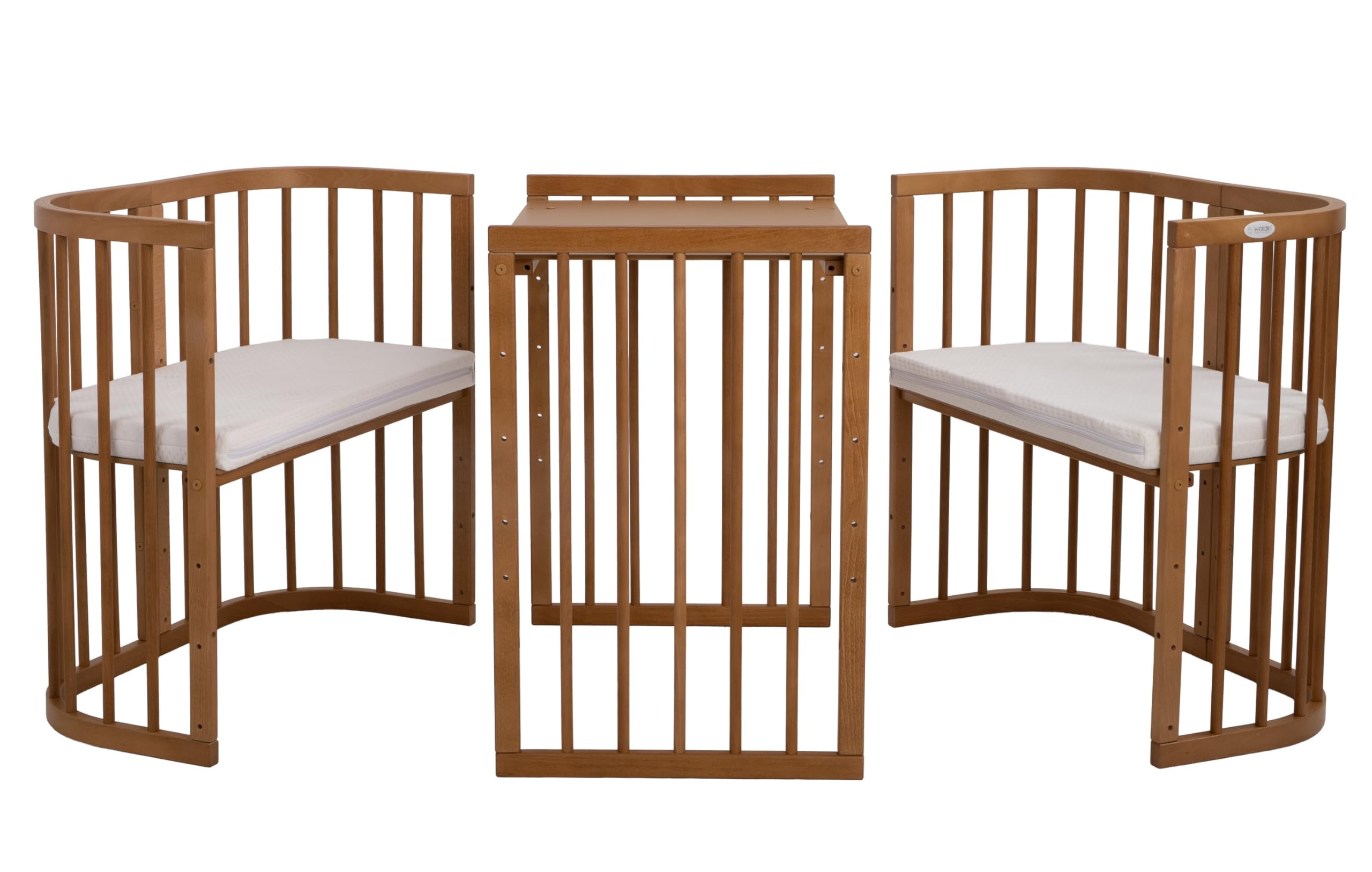 waldin Babybett 7in1, Matratze, Rollen, Regal, Vintage | Ohne Stoffset, Mitwachsend, Beistellbett aus Holz, Wiege optional