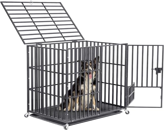 BingoPaw Heavy Duty Dog Crate: 38 inch Wheeled Large Pet Cage with Tear Resistant Square Tube - Metal Military Puppy Cages with 2 Prevent Escape Lock and Tray L Size (95x57x81cm)