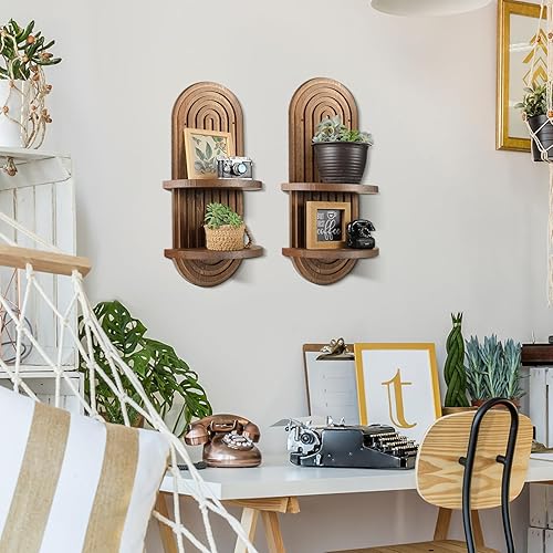Miniatura 5 de Wenqik 2 estantes de pared bohemios con arco iris, estante flotante de madera de mediados de siglo, soporte colgante bohemio doble vintage,