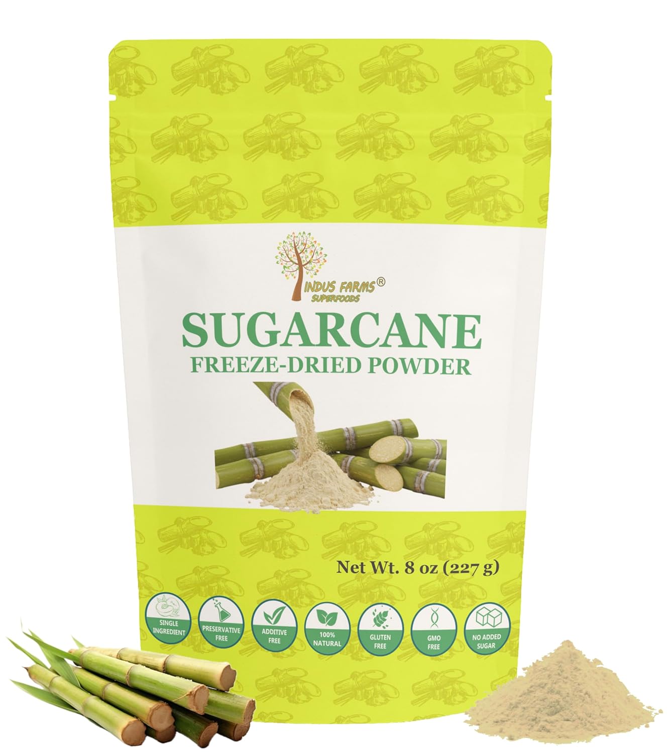Indus Farms Freeze Dried Sugarcane Juice Powder – Real Sugarcane Drink Mix, Natural Sweetener for Smoothies, Coffee, Cocktails & Baking, Fine Easy-Mix Powder, No Additives, 8 oz