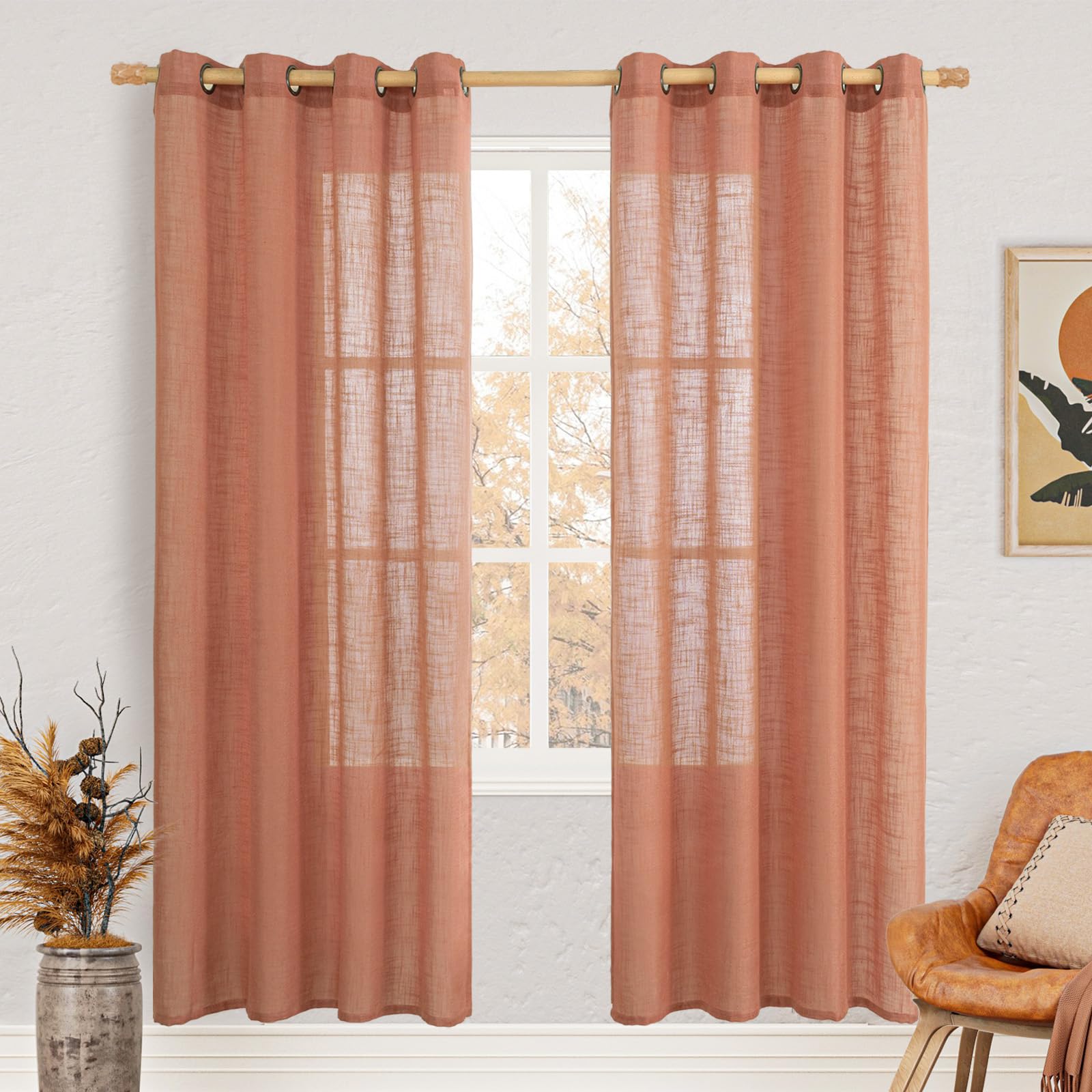LAMIT Terracotta Linen Sheer Curtains 80 Inch Length for Living Room, Rustic Boho Window Drapes Bronze Grommet Light Filtering Panels for Bedroom/Farmhouse Fall Decor, 2 Panels, 52 x 80 Inch