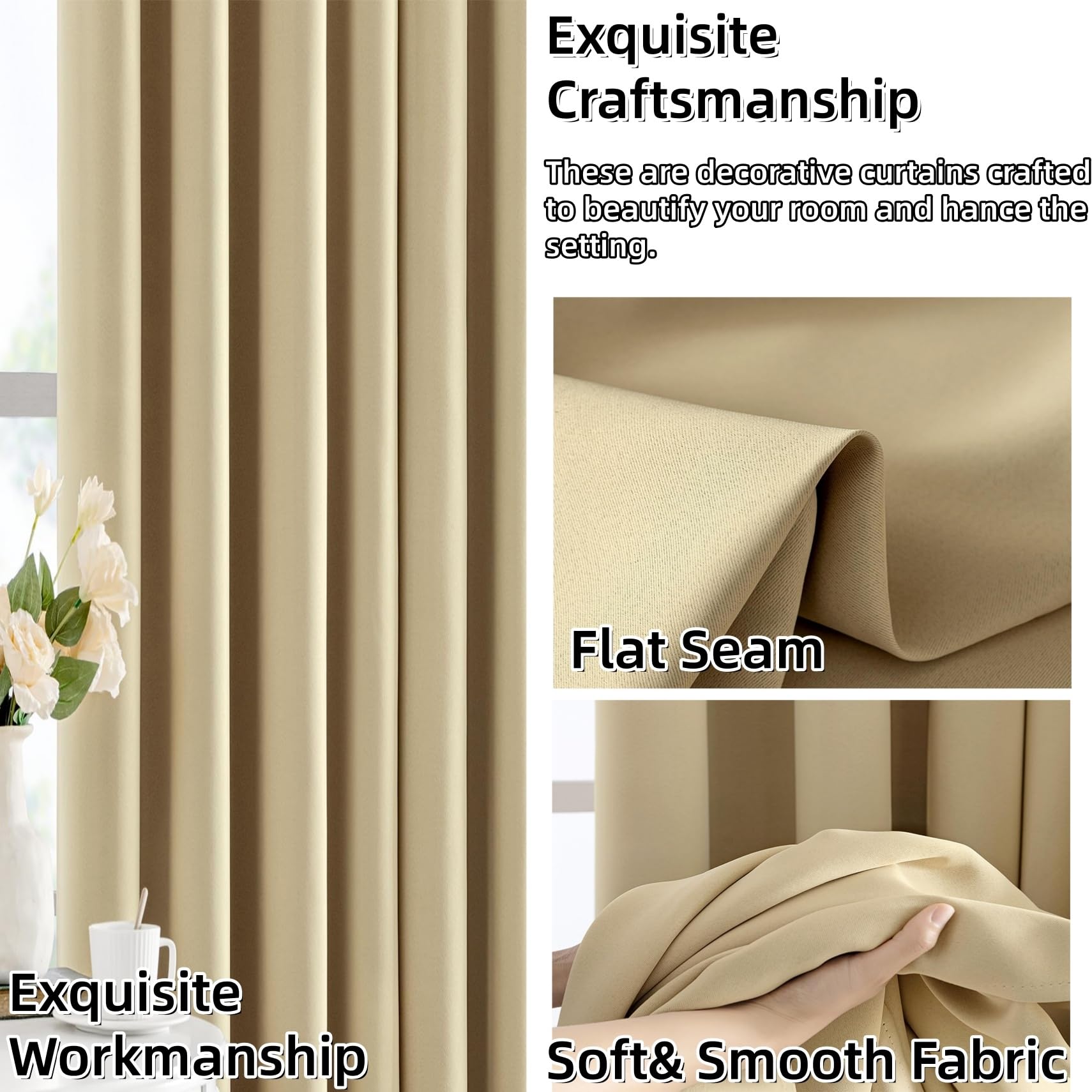 Blackout Thermal Curtains 100 x 250 cm Wärme, Gegen Kälte, Schalldämmende Blickdicht Verdunklungsvorhänge 1Er Set für Wohnzimmer Kinderzimmer Schlafzimmer Fenster, Creme Farben