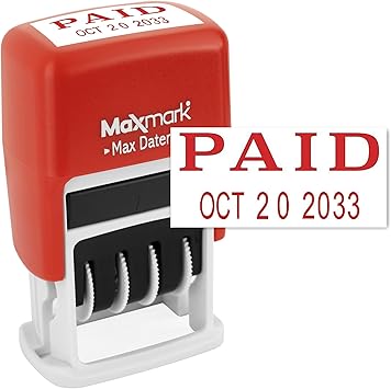 MaxMark Self-Inking Rubber Date Office Stamp with Paid Phrase & Date - RED Ink Max Dater II, 12-Year Band