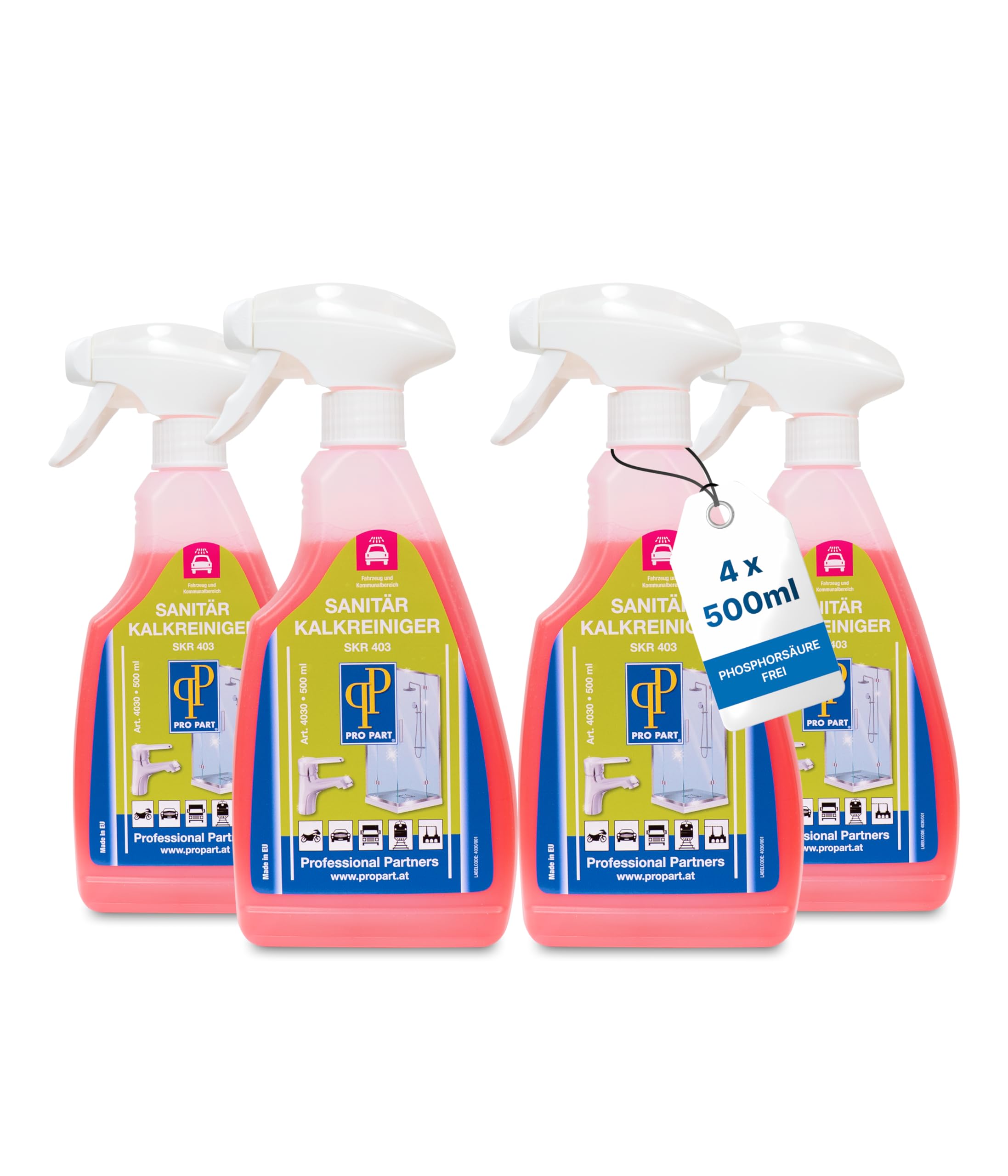 Pro Part® Sanitär Kalkreiniger SKR 403 – 4 x 500 ml – Extra starker Kalkentferner fürs Bad, schonend zu Oberflächen – Ideal für senkrechte Flächen, entfernt hartnäckigen Kalk, Made in EU