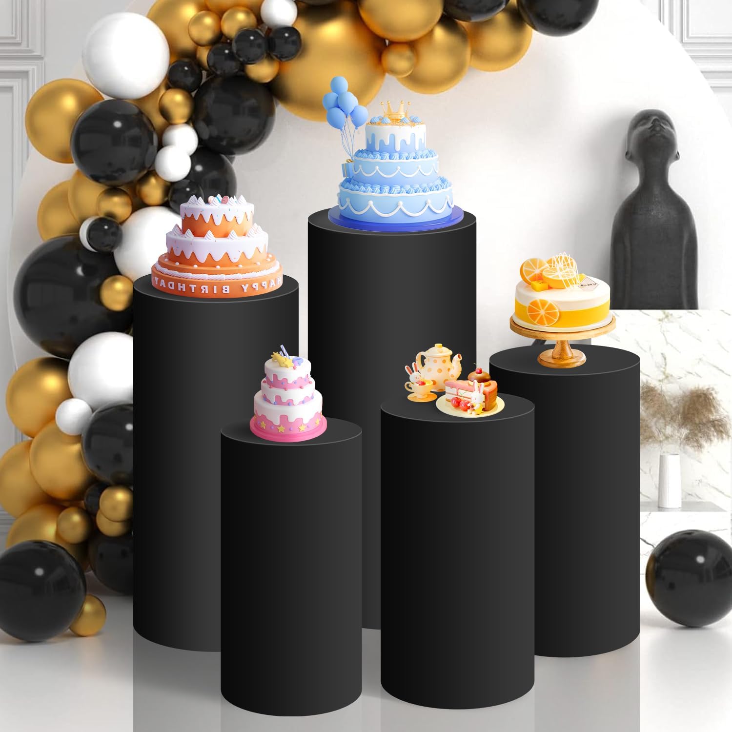 SaitiMade Set of 5 - Black Cylinder Pedestal Stand Covers, Spandex Cylinder Stand Covers for Party, Wedding or Birthday Event Decor - Only Contains Cylinder Covers