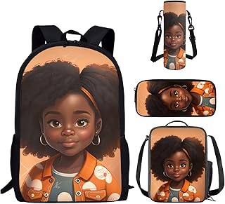 BYCHECAR Afro Black Girl Backpack for Girls with Lunch Box Princess School Bag Elementary Bookbag 6-8/8-10 Year Old Kids Book Bag Lunchbag Pencil Case Water Bottle Carrier 750 Ml-1000 Ml