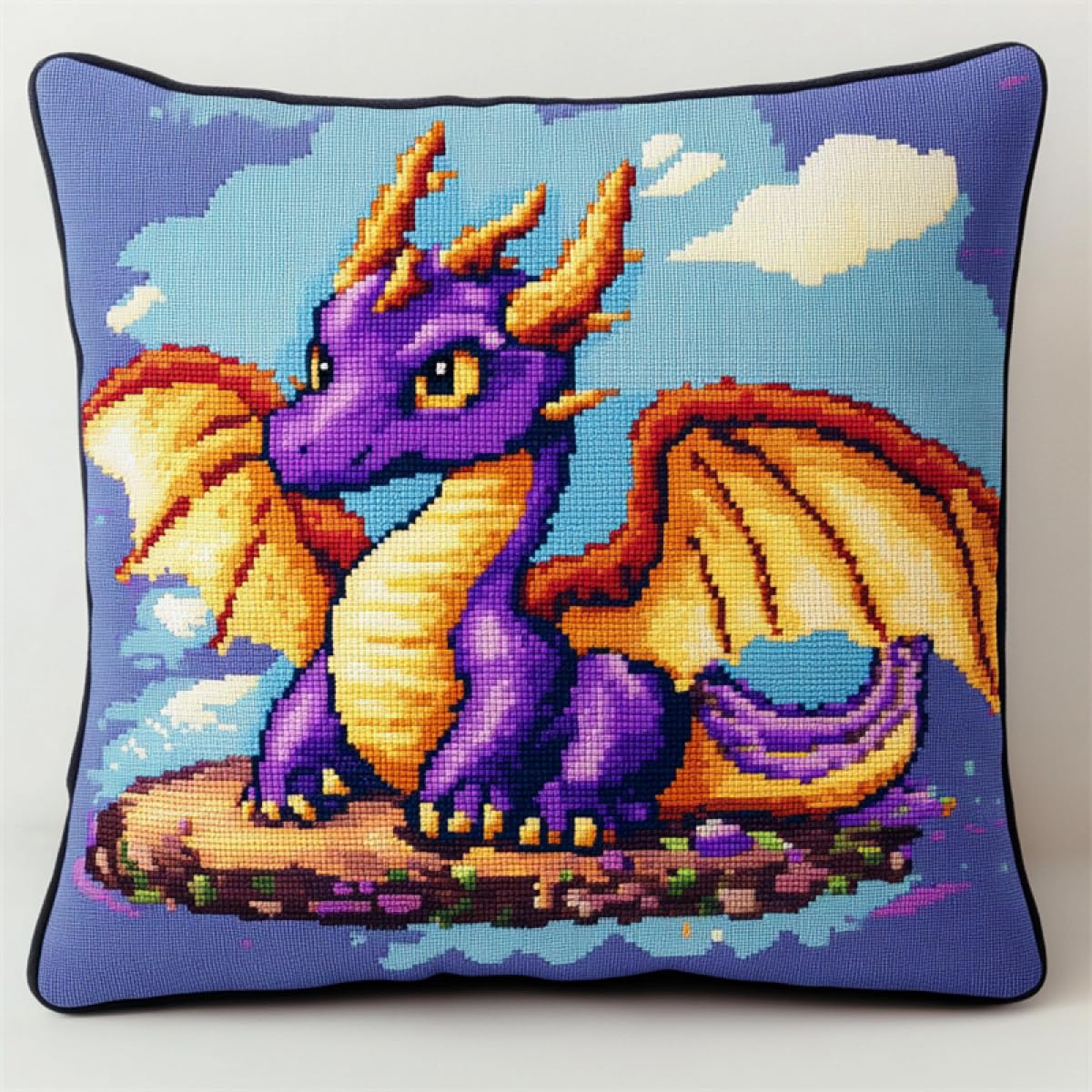 RKFLGEW DIY Latch Hook Kit Cushion Cartoon Dragon Animal DIY Throw Pillow Cover Crochet Yarn Needle Craft Handmade Cushion for Home Sofa Decoration 43x43cm