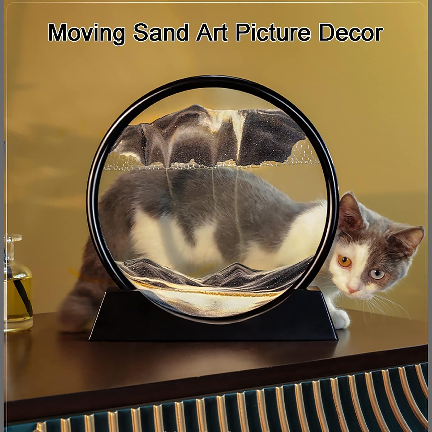 Flowing Sand Painting Moving Sand Art Picture,Dynamic 3D Natural Landscape Quicksands Painting Round Glass Sand Frame,Sand Painting Kit Desktop Art Home Ornament (Color : Blue, Size : 7inch)
