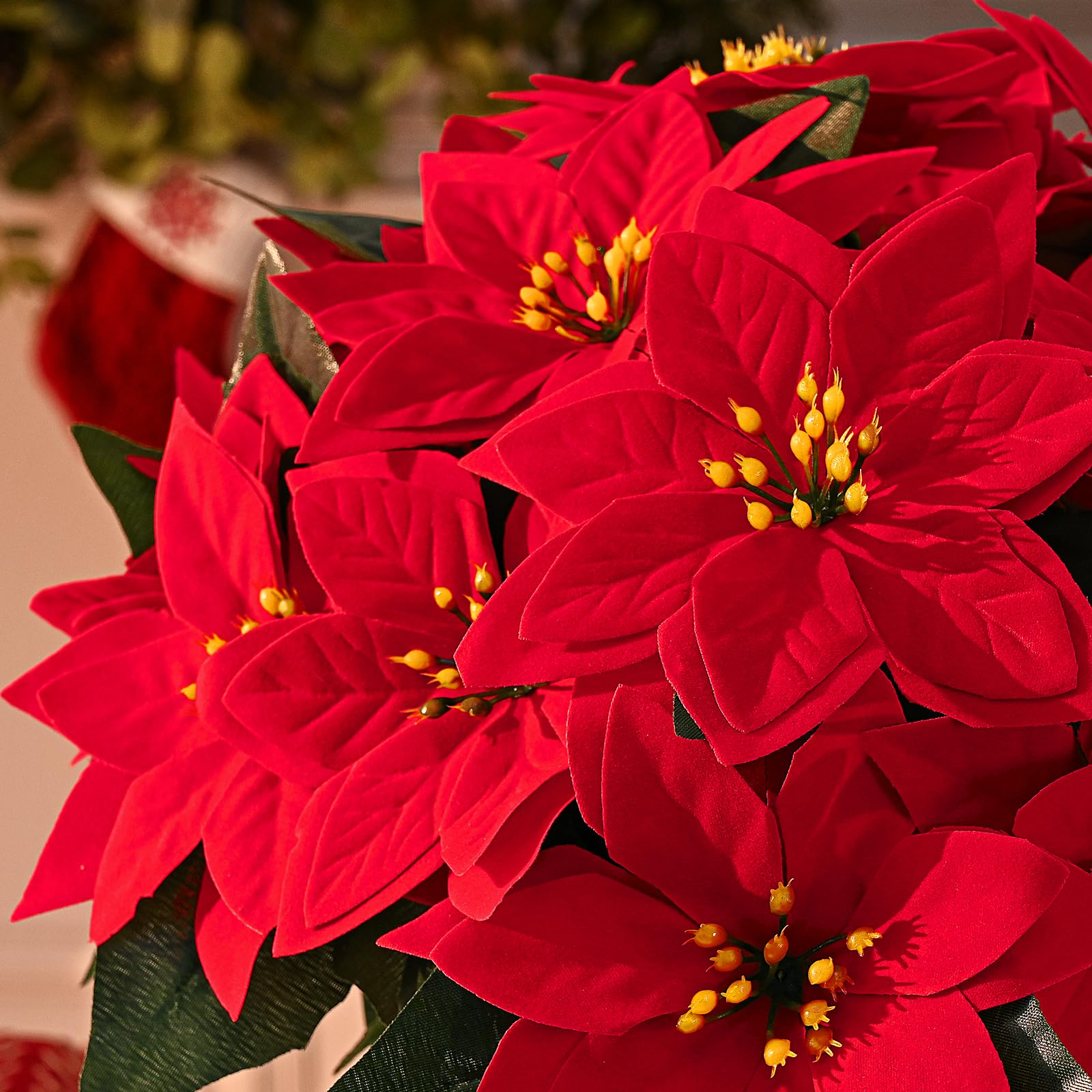 MARTINE MALL Paquete de 6 flores artificiales de Pascua con 7 cabezas, decoración de Navidad, ramo de flor de Pascua de terciopelo para árbol de Navidad, porche, hogar, jardín, decoración interior y