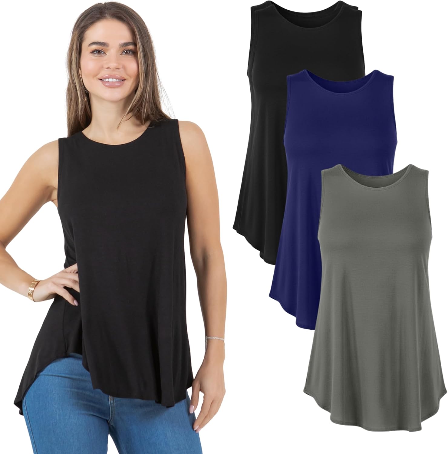 Azules Sleeveless Tunic Tops for Women – Crew Neck Tunic Tank Top, Casual All-Season Top, 3-Pack