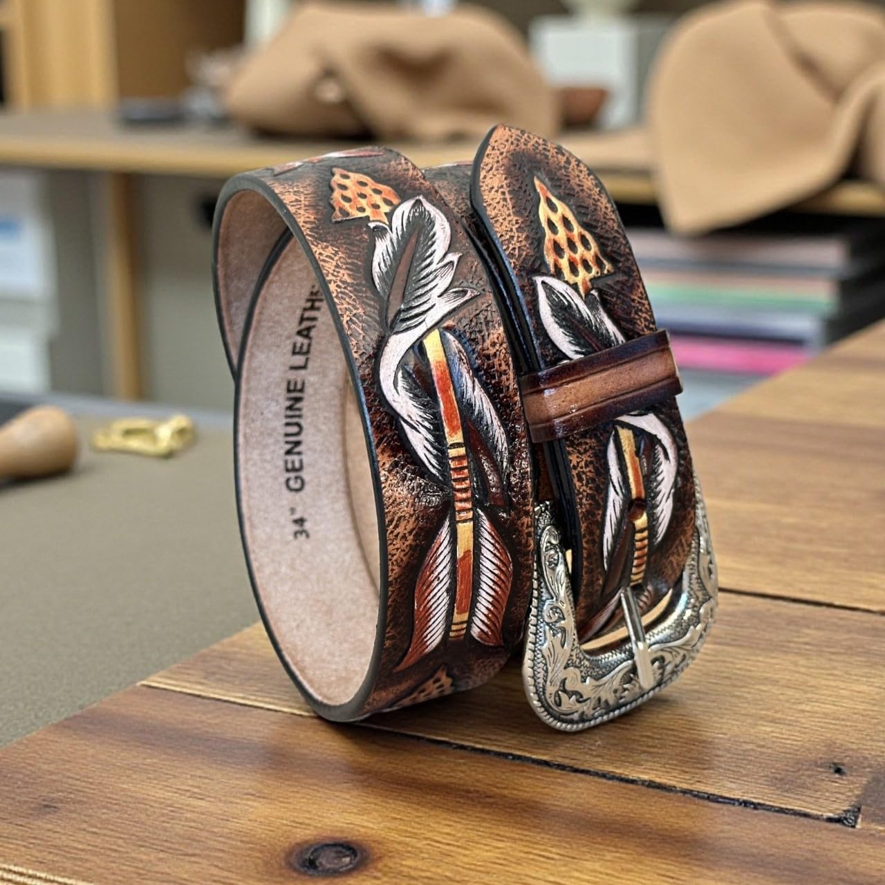 DANIEL'S ARTPLANET Men's Western Belt Floral 1.5” Wide Full Grain One Piece Leather Belt with Buckle Handmade Engraved Tooled