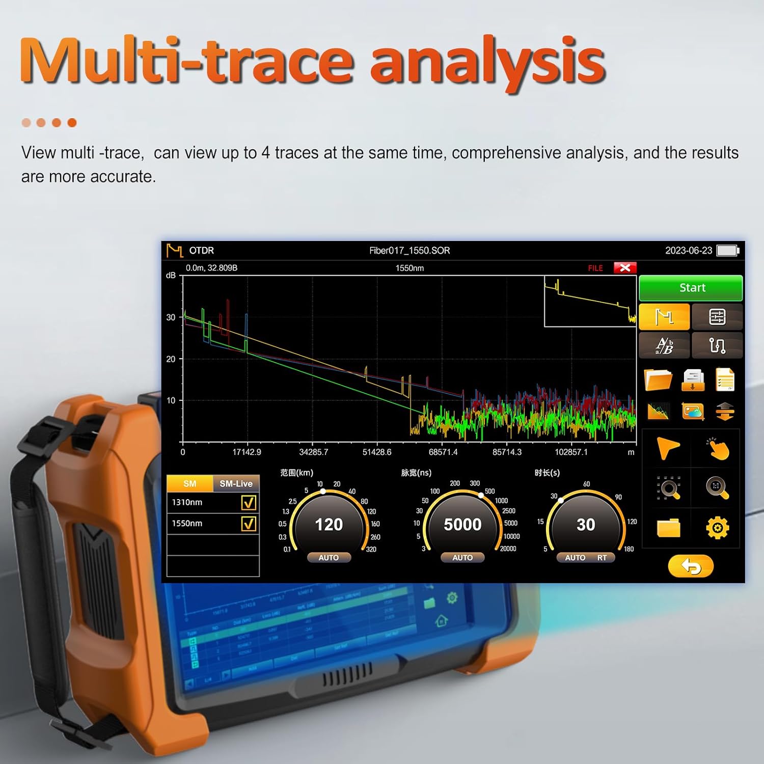 1310 1550nm 40/38dB KOMSHINE QX65 Single Mode Euipped with iOLA One Click Intelligent Testing Function + OPM OLS VFL + Event Map+ RJ45+WiFi MAX 1: 64 Fiber Splitter Trunk Line CAT5 CAT6