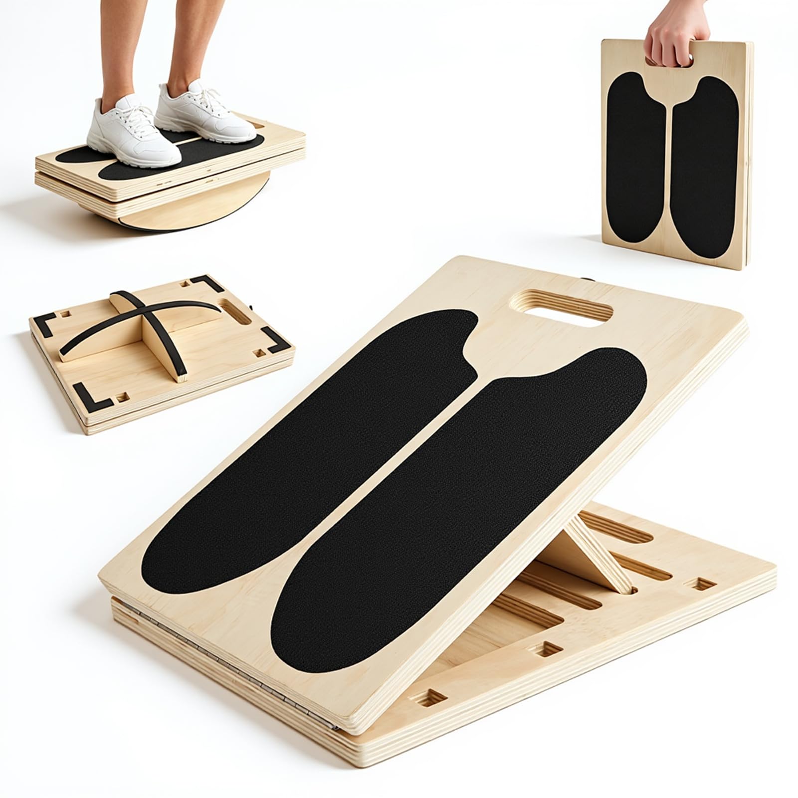 Balance Board 3-in-1 in Legno Portatile, Angoli Regolabili, Maniglia