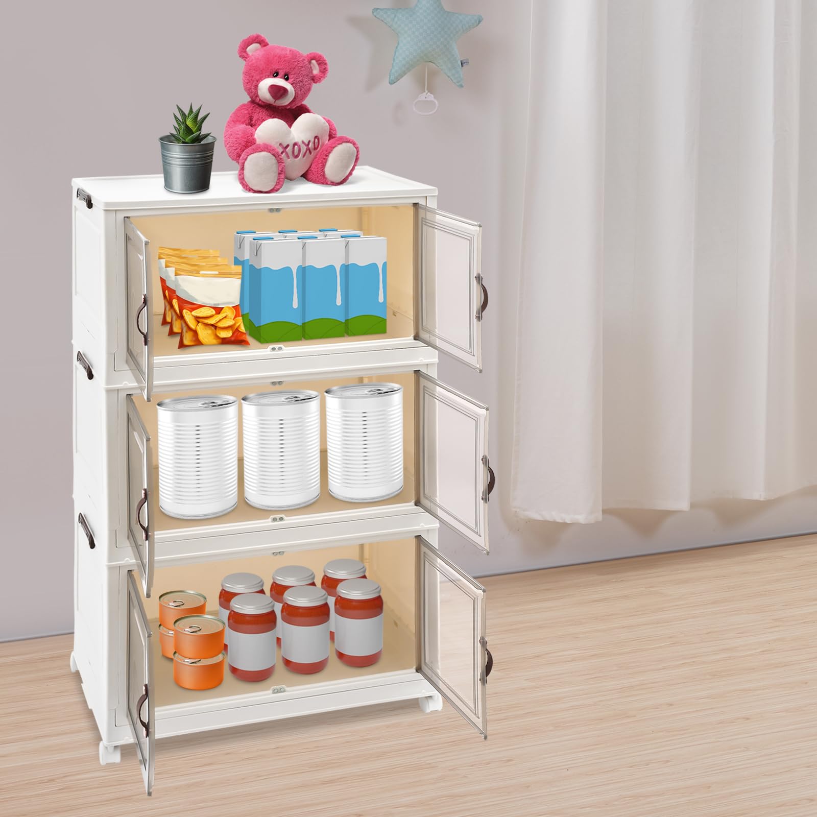 Caja de almacenaje con tapa, 3 niveles, 65 x 42 x 110,5 cm, transparente, para dormitorio, cocina, cuarto de baño