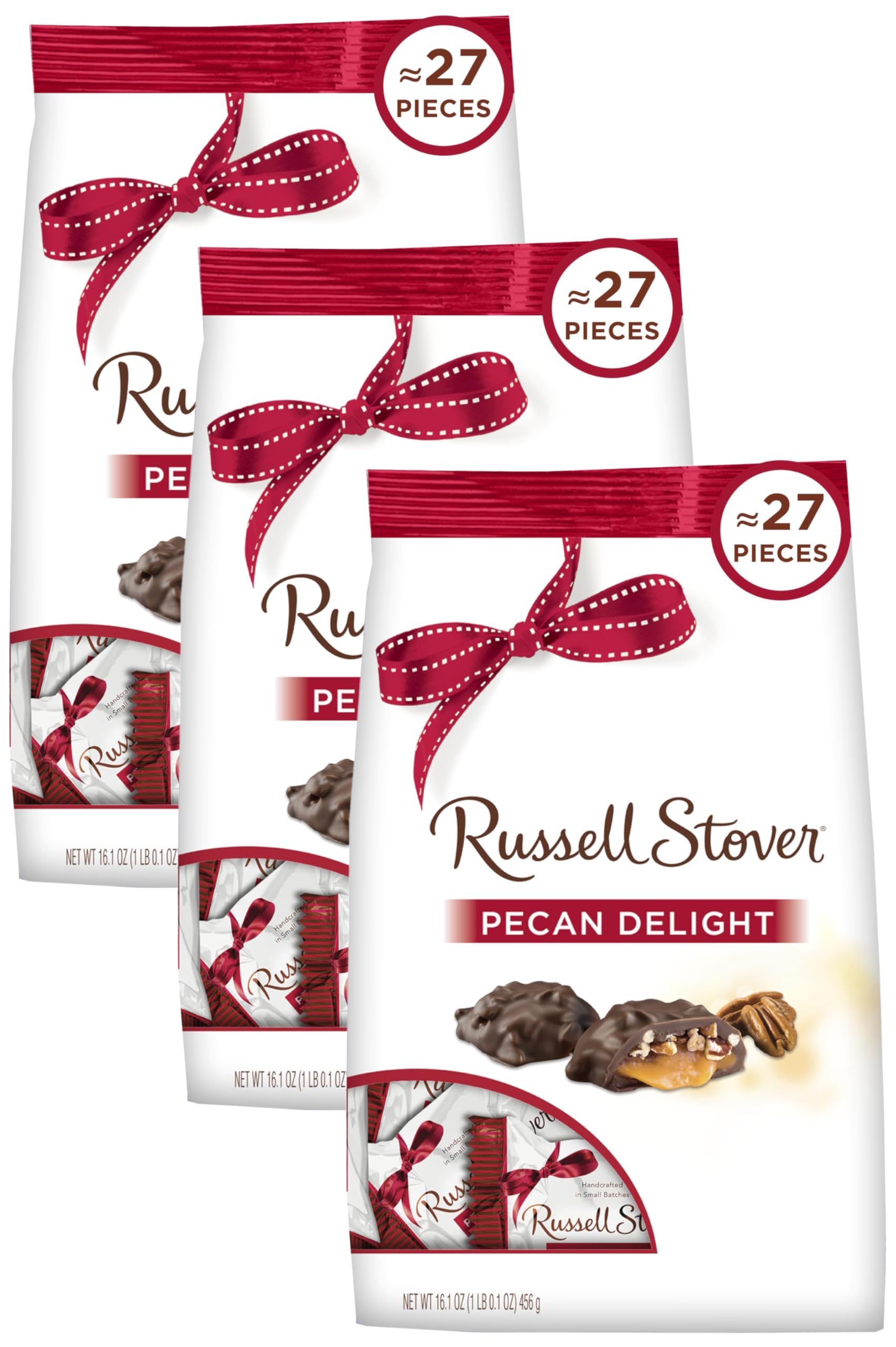 Russell Stover Pecan Delight, 16.1 Ounce Gusset Bag, Milk Chocolate Covered Candy Pack, Crunchy Pecans and Buttery Caramel Covered In Sweet Milk Chocolate Candy, Individually Wrapped (Pack of 3)