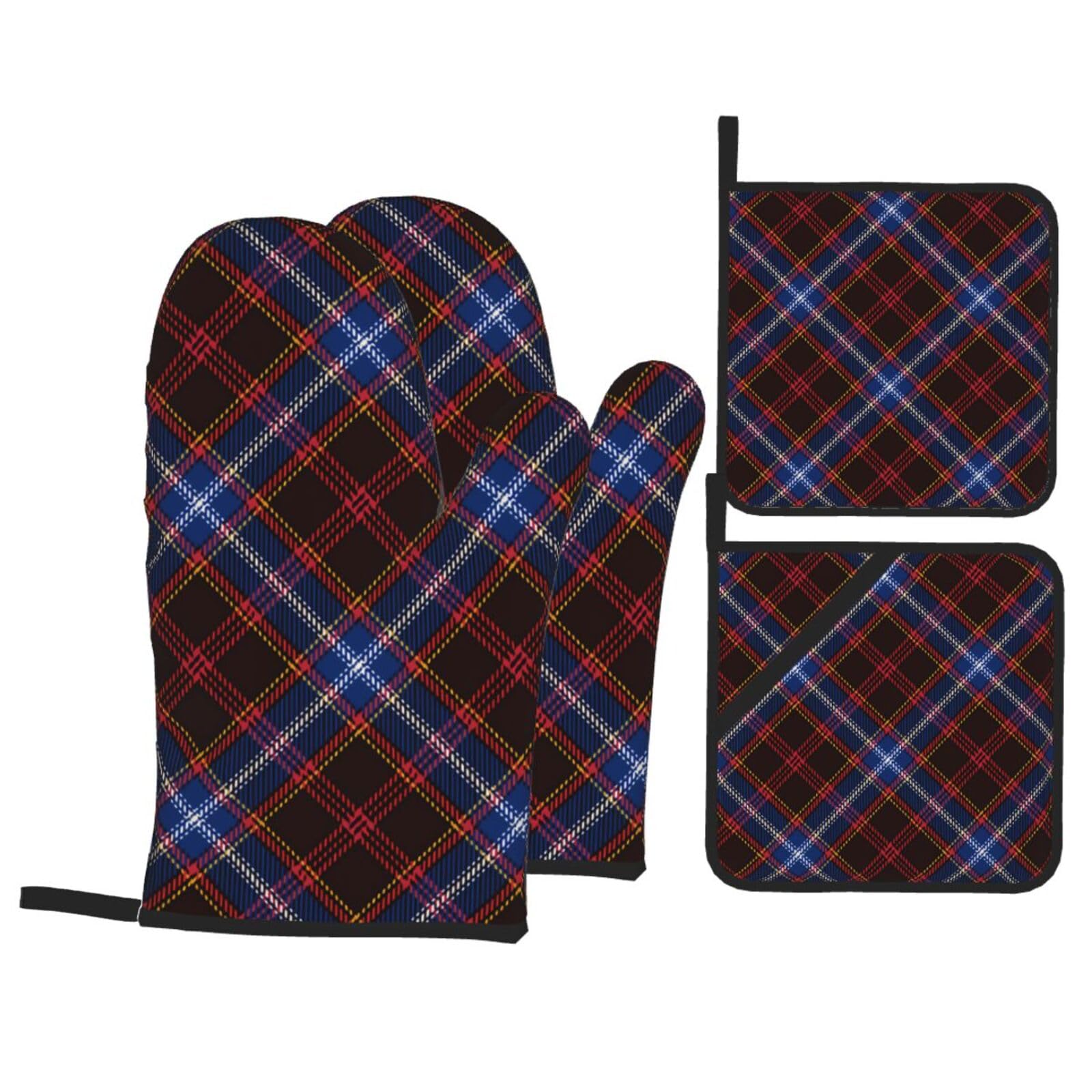 Tartan Red Black Blue Yellow and White Plaid Tartan Flannel Heat Resistant Oven Mitts and Pot Holders Set of 4 Protection Utensil Pocket for Grilling Baking Cooking