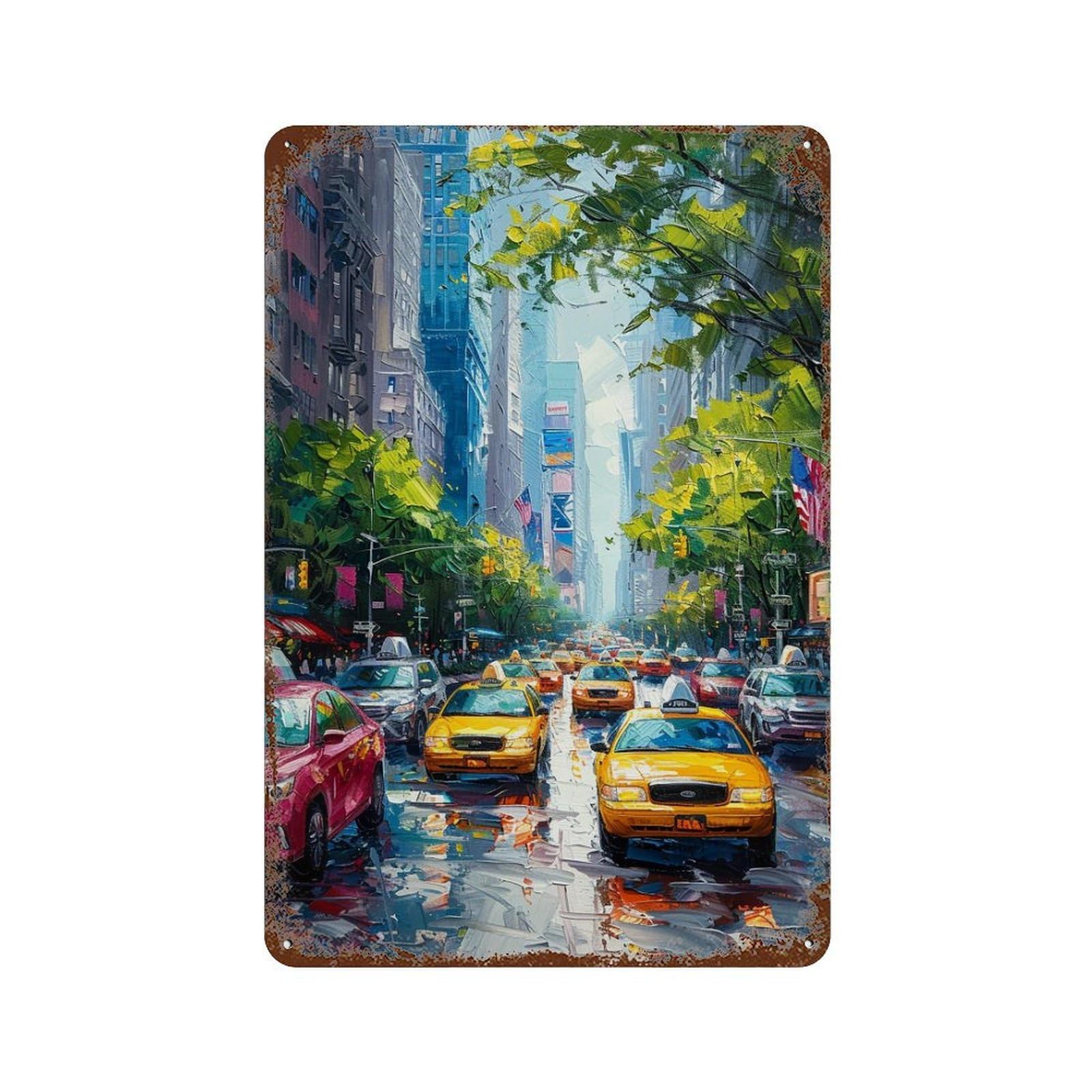 New York City Street Scene Decorative Tin Sign 11.8"x7.9", Shabby Chic Decor for Garage, Pub Or Kitchen