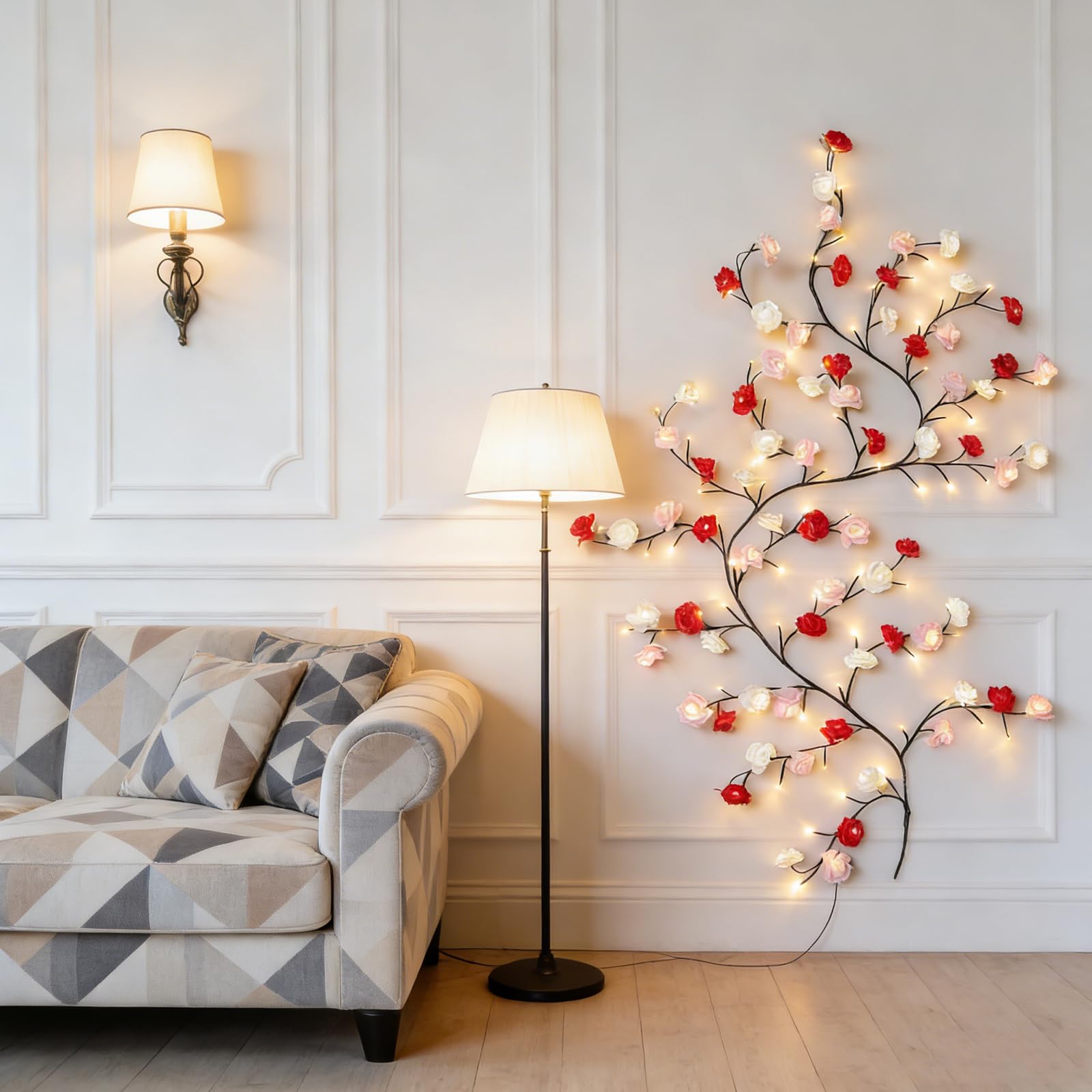 Luci LED a forma di ramo di albero da parete, luci a LED a forma di ramoscello con 96 luci a LED a forma di fiore e alimentazione USB, 8 modalità di illuminazione per interni, decorazione per