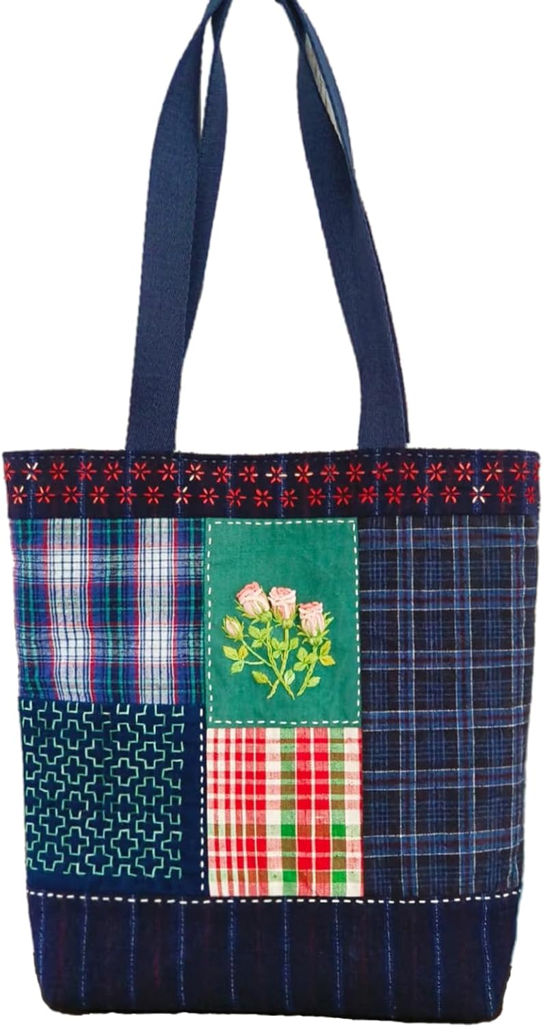 Original Artisanal 3D Floral Relief Handbag - Vintage Indigo Washed Textile Tote - Bespoke Hand-Stitched Accessory