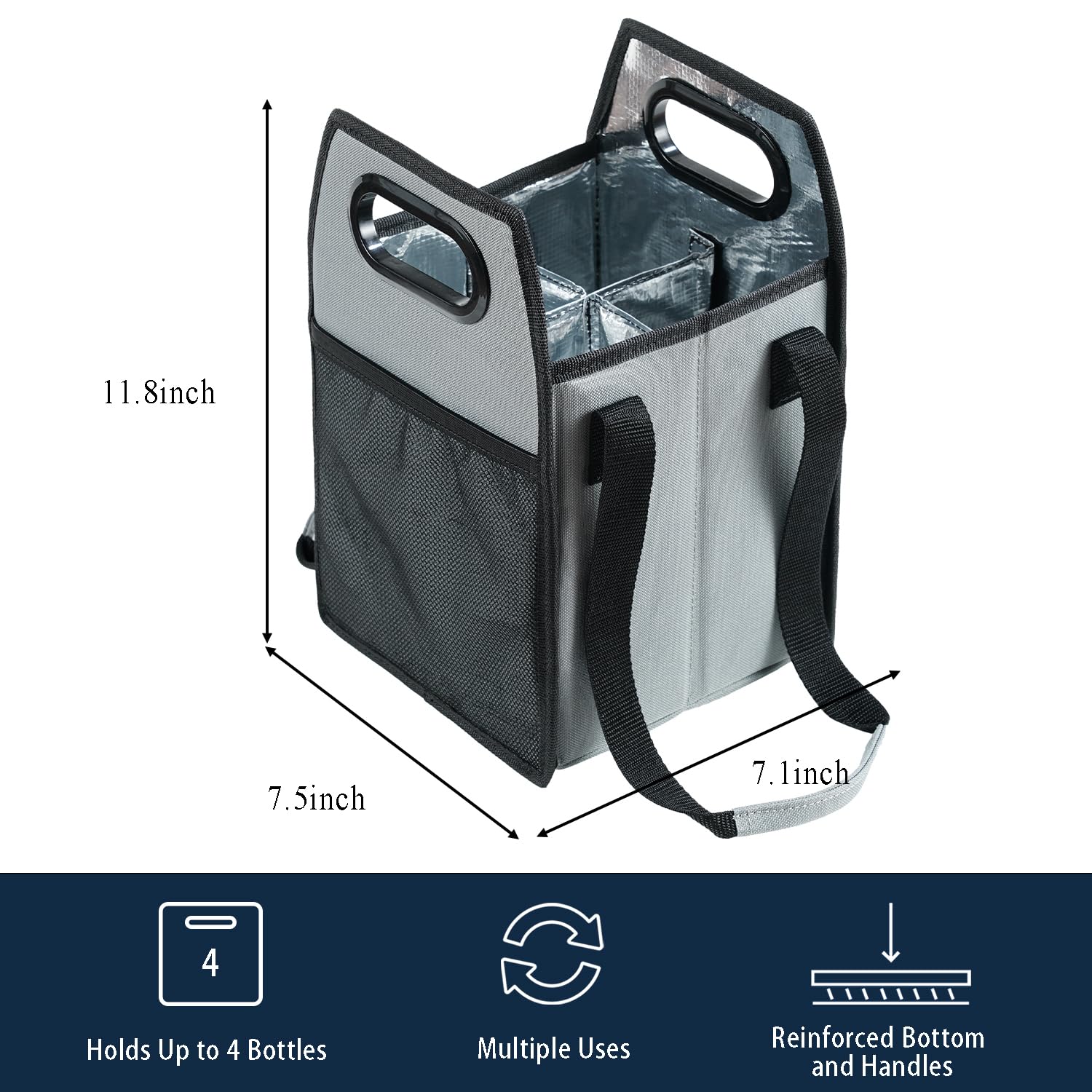 Portabotellas plegable reutilizable con correa para 6 botellas (gris, 4 botellas)