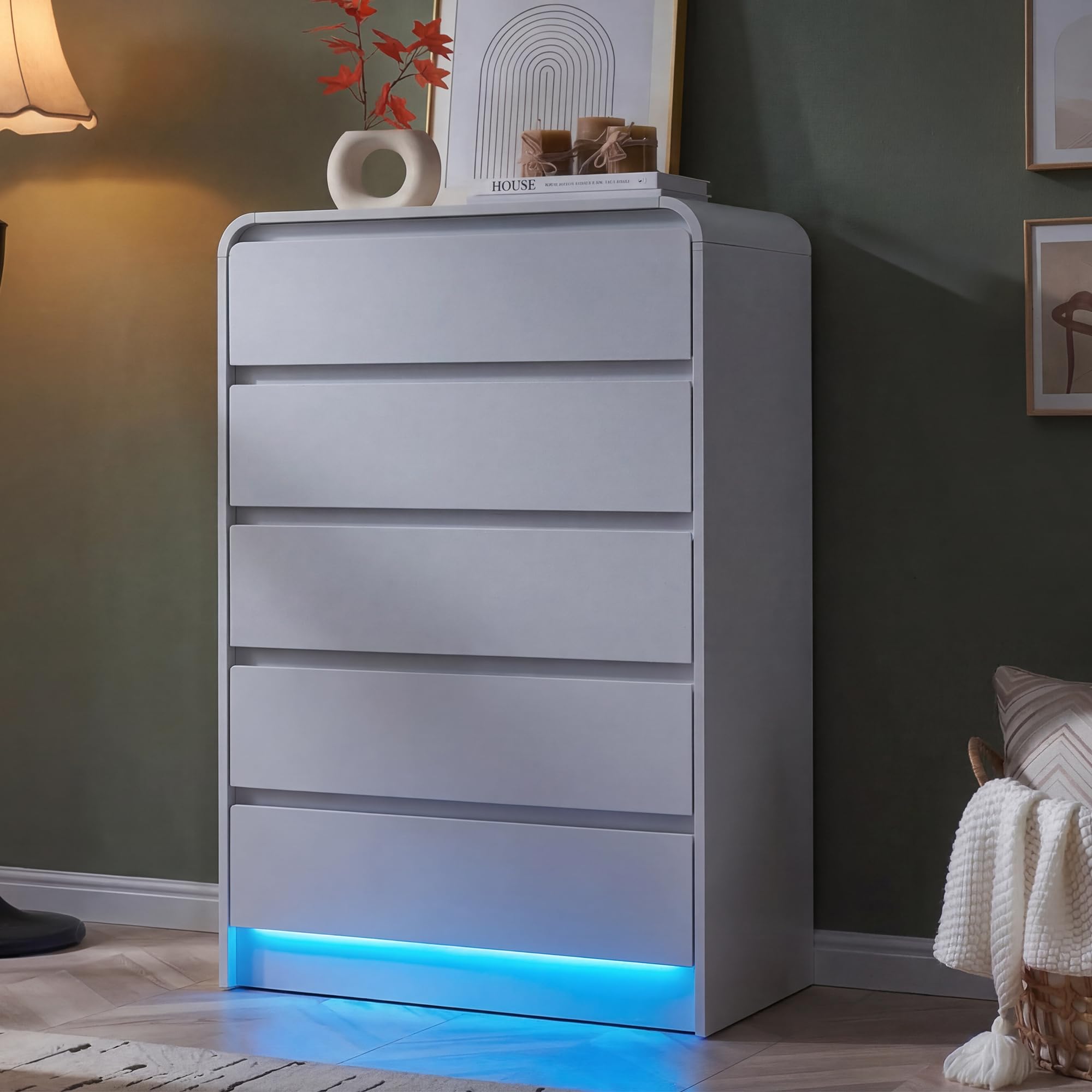 Cassettiera alta 5 cassetti con LED RGB, mobile portaoggetti bianco senza maniglie, cassettiera stretta moderna per camera da letto adulto o bambino, design minimalista salvaspazio 73 x 40 x