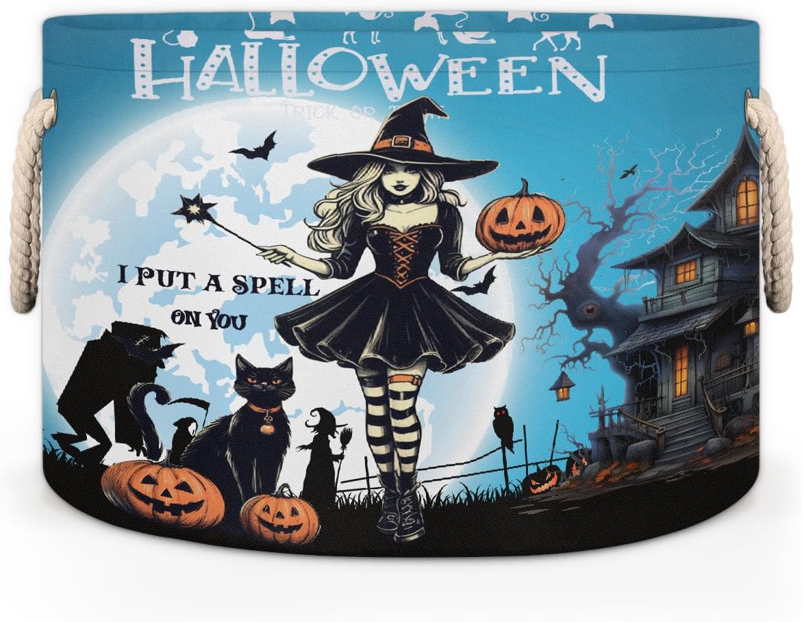 Pardick Halloween Witch Cat House Large Round Storage Basket Collapsible Circle Storage Bin Laundry Hamper With Handle for Kids Toy Blanket Clothes Towel Living Room Nursery Storage Organizer Decor