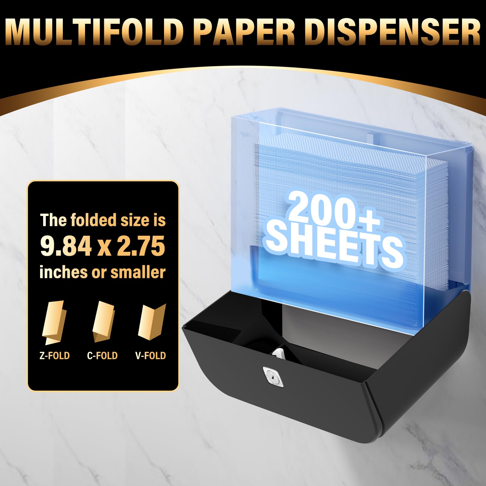 Dispensador de toallas de papel para montaje en pared, multipliegue/tríptico/C, dispensador de toallas de mano de papel, dispensador de toallas de mano comercial, adhesivo negro