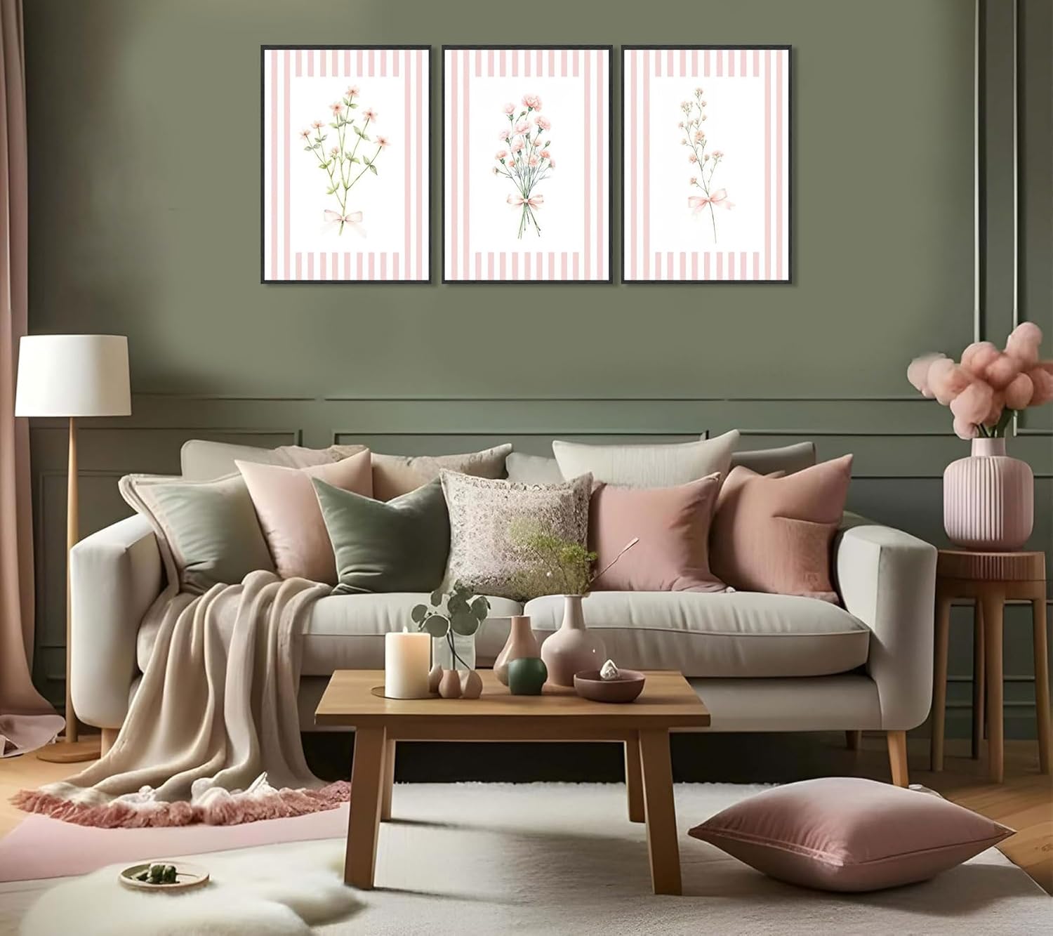 QJPEGZB 3Pcs Pink Bow Floral Canvas Wall Art Pink and White Striped Preppy Bloom Painting Pictures Flower Plant Wall Decor Prints for Living Room Bedroom Girl Room Home Decoration 16x24in Unframed