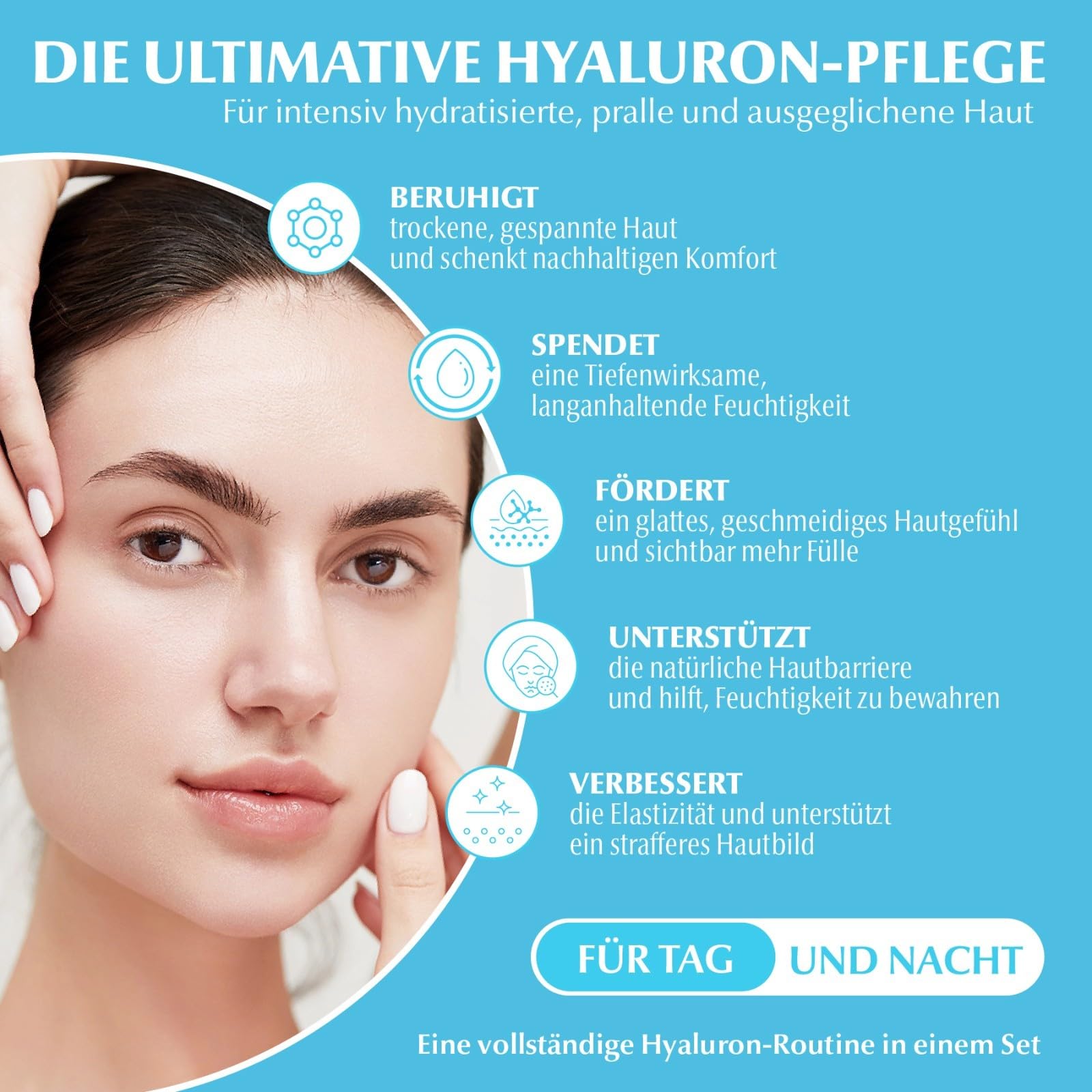Hyaluronsäure Gesichtspflege Set 5-teilig - Anti-Falten Hautpflege mit Serum, Tagescreme, Nachtcreme, Reinigungsgel, Toner + SPF 50 Sonnenschutz - Anti-Aging, Hautpflege Hyaluronic Acid Geschenkset
