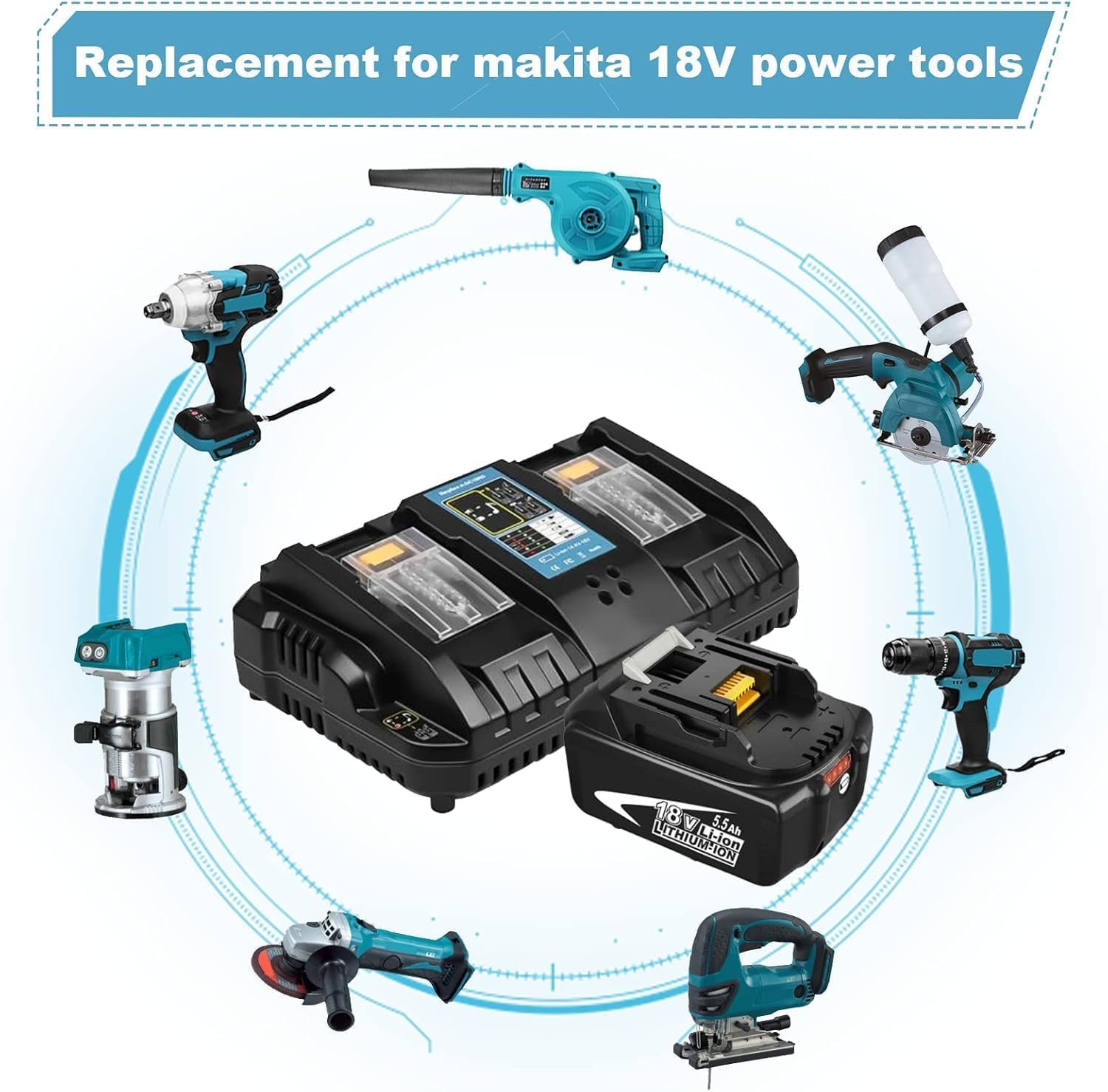 [2 Piezas] Powayup Repuesto para Makita 18V Batería BL1850B + para Makita Cargador 18V DC18RD Cargador de Doble Puerto DC18RD DC18RC para BL1850B BL1830 BL1840 BL1850