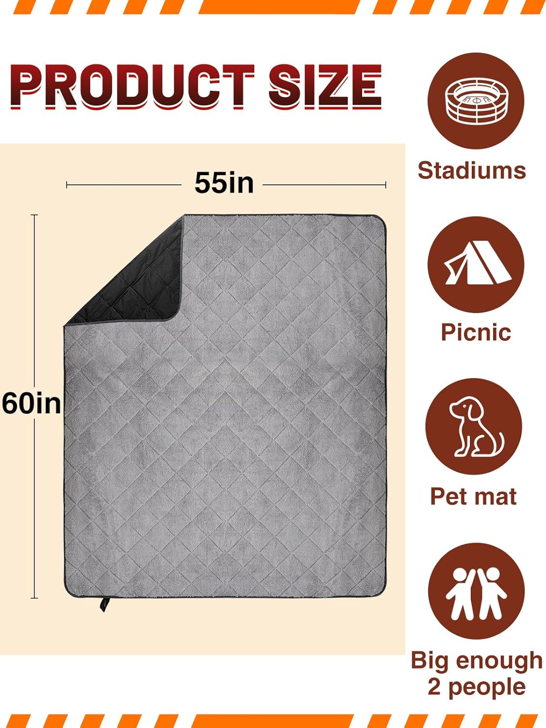 Aulock 55''W x 60''L Warm Outdoor Stadium Blanket Waterproof - Portable & Windproof Black Blanket with Sherpa Fleece Lining for Camping Winter Cold Weather