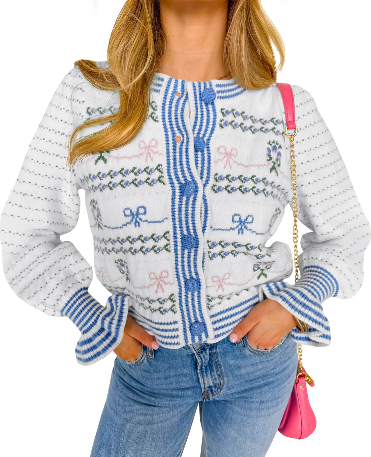 Saodimallsu Womens Cropped Cardigan Striped Puff Ruffle Sleeve Cute Graphic Button Bow Knitted Sweater Outerwear