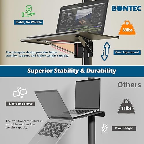 Miniatura 13 de BONTEC - Soporte de TV móvil para televisores de 23 a 60 pulgadas, soporte de TV rodante con ruedas de bloqueo, altura ajustable, estante Negro