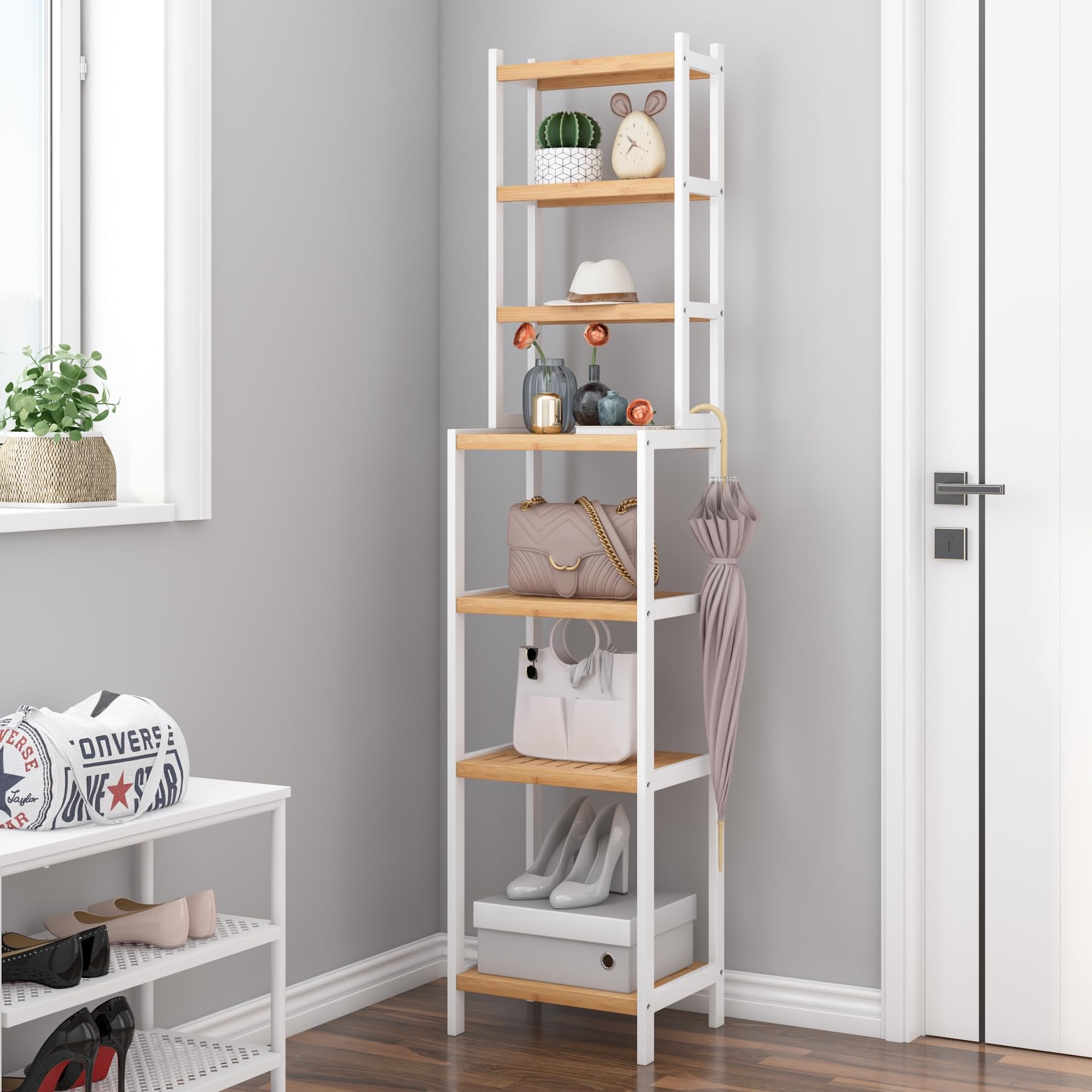 FOREHILL Estantería Baño de 7 Niveles de Bambú, Estantería Estrecha | Estantería Esquinera, Estantería de Almacenamiento, para Cocina,Sala de Estar,Dormitorio,Pasillo Blanco y natural 36x28x161cm